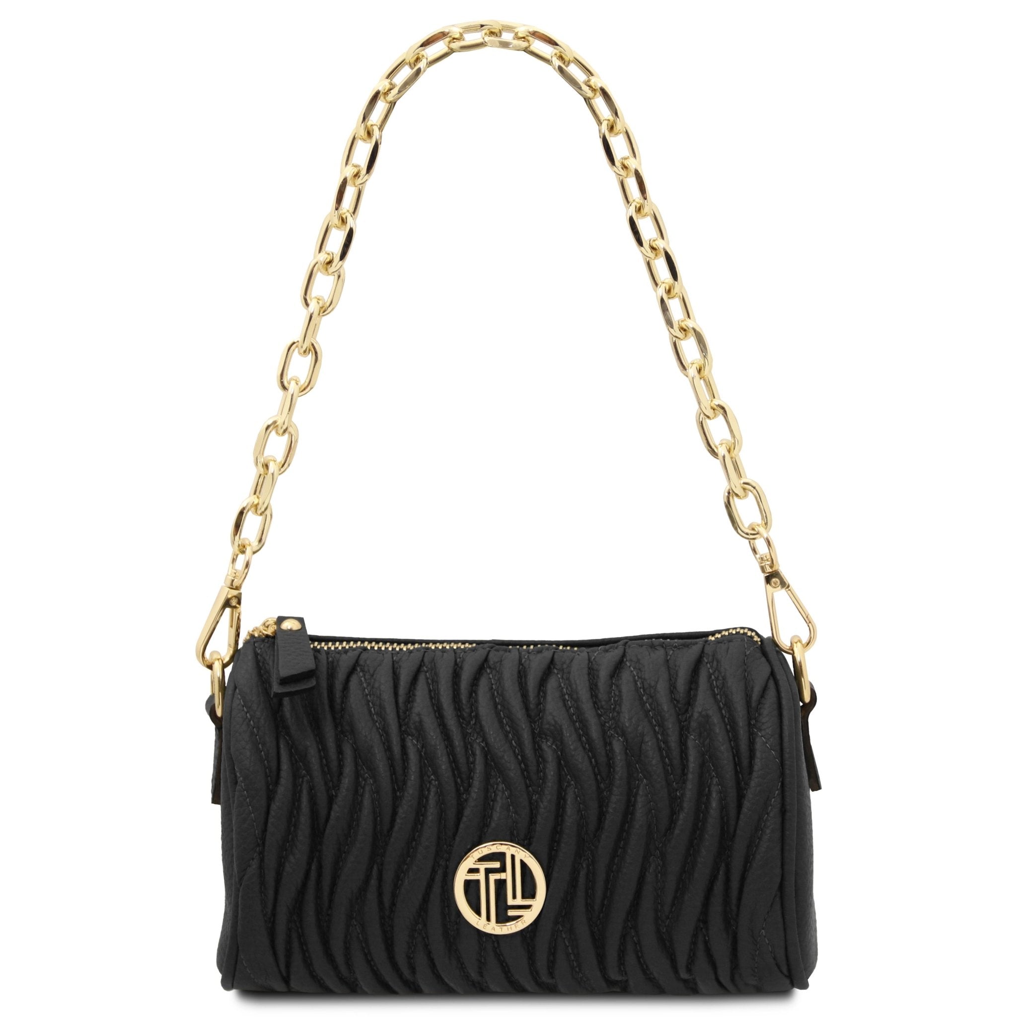 Front full chain handle view Chantilly Mini Bowling Italian Leather Bag in Black