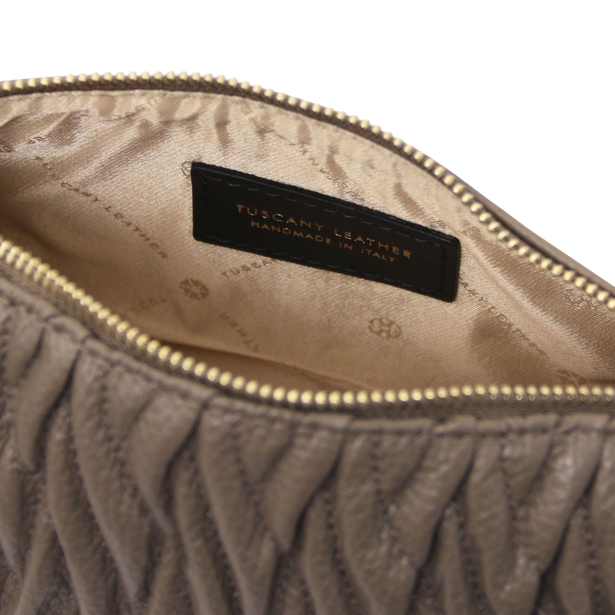 Interior logo red lining view Chantilly Mini Bowling Italian Leather Bag in Dark Taupe