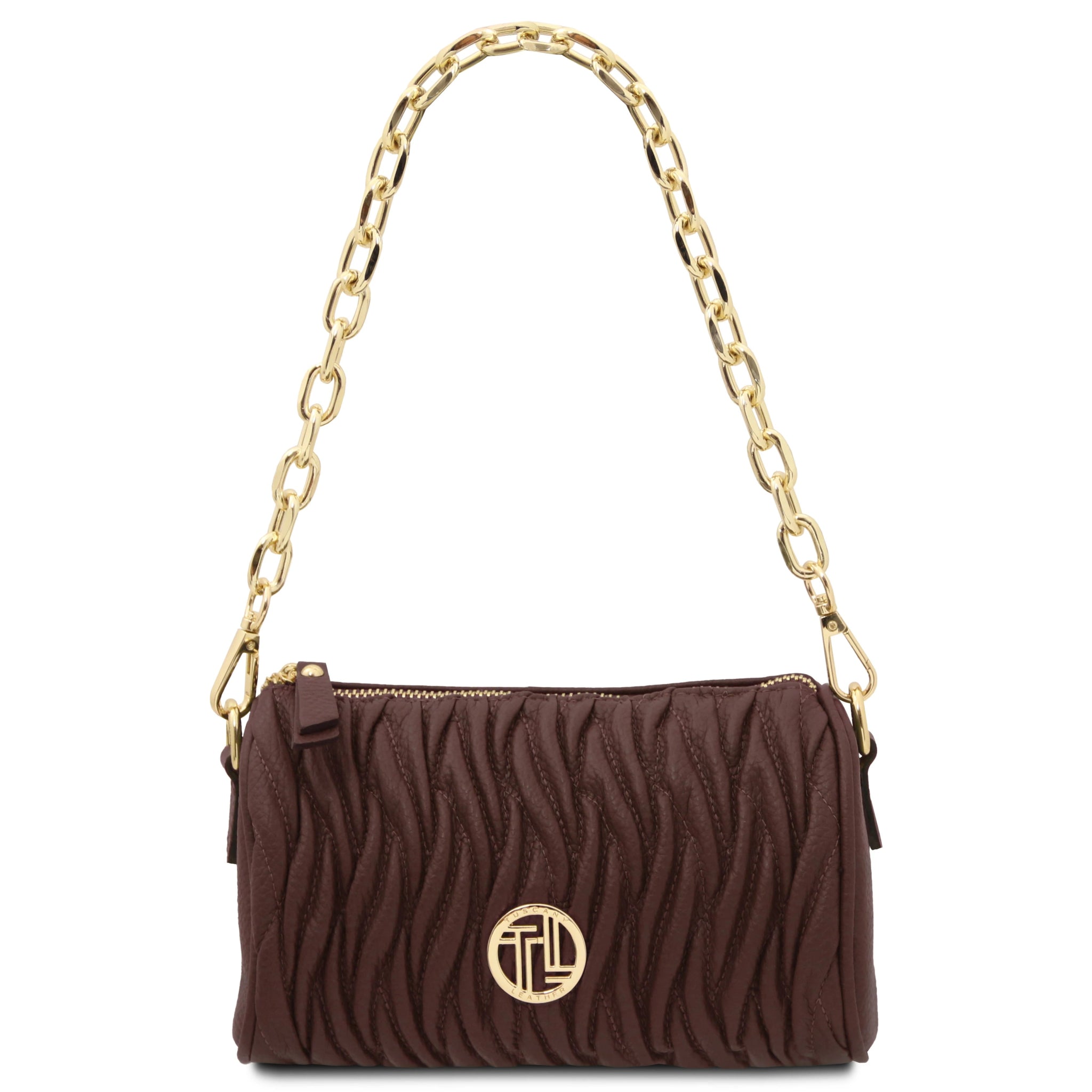 Front full chain handle view Chantilly Mini Bowling Italian Leather Bag in Coffee