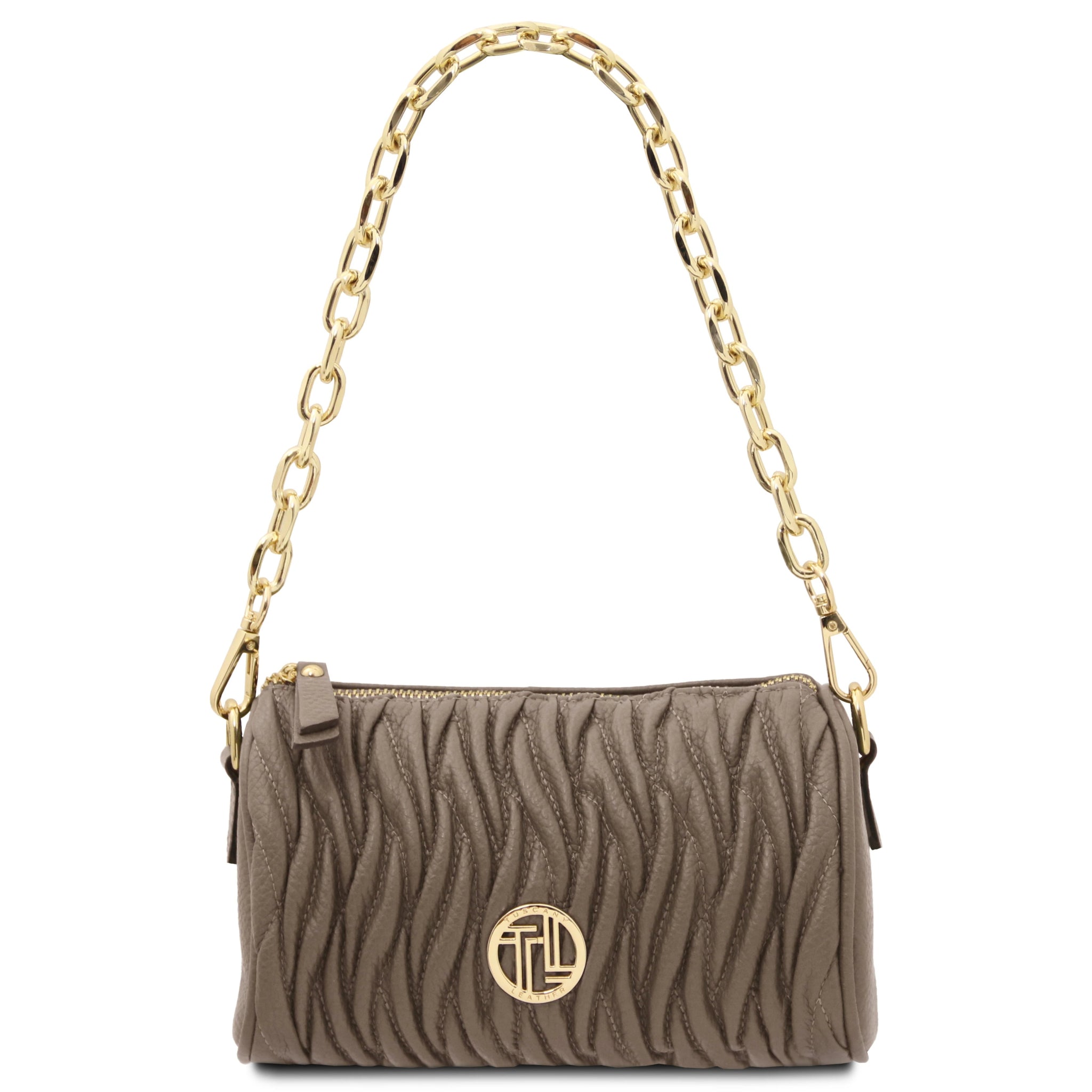 Front full chain handle view Chantilly Mini Bowling Italian Leather Bag in Dark Taupe