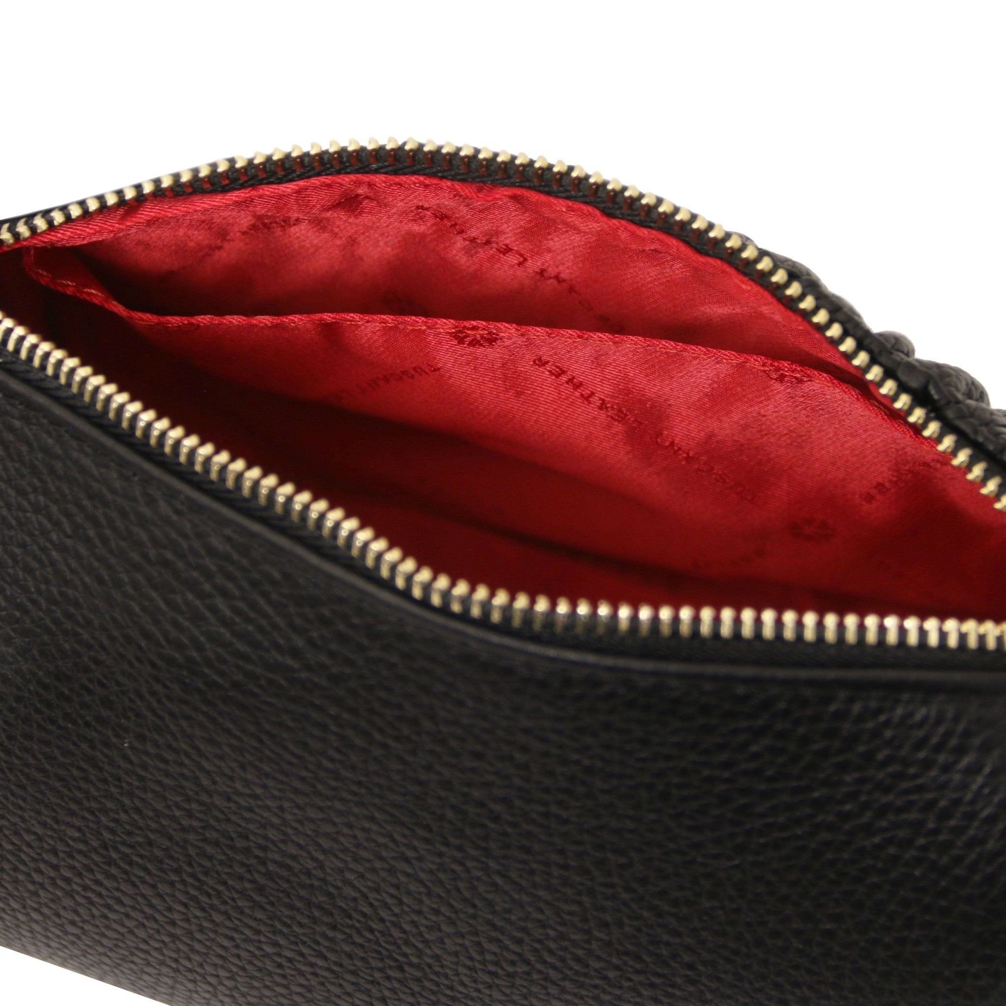 Interior open pockets red lining view Chantilly Mini Bowling Bag in Black