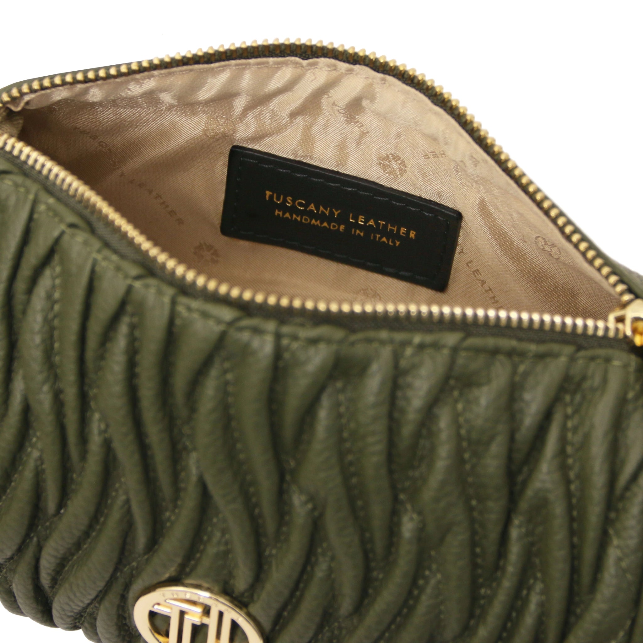 Interior logo red lining view Chantilly Mini Bowling Italian Leather Bag in Forest Green