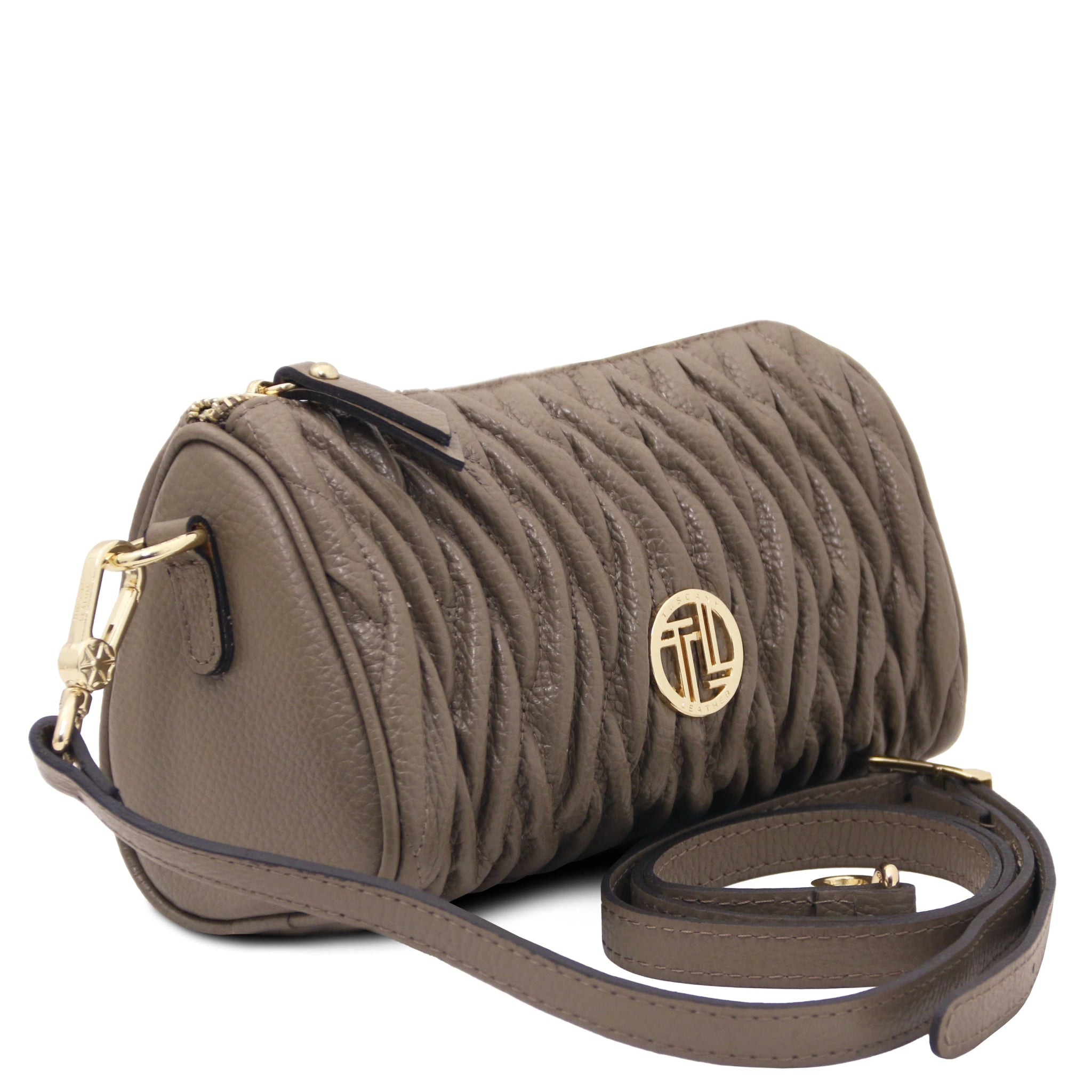 Chantilly Mini Bowling Bag in Dark Taupe with leather shoulder strap