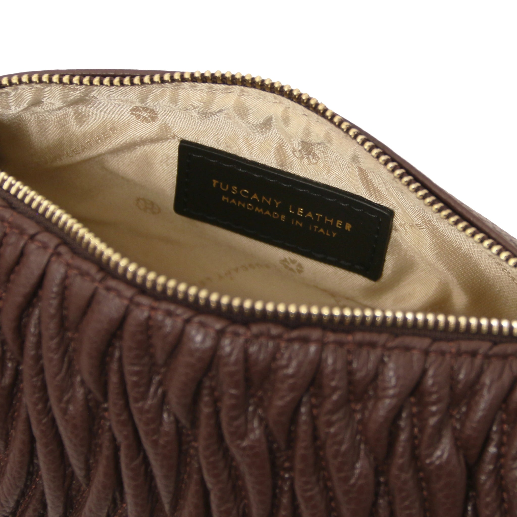 Interior logo red lining view Chantilly Mini Bowling Italian Leather Bag in Coffee