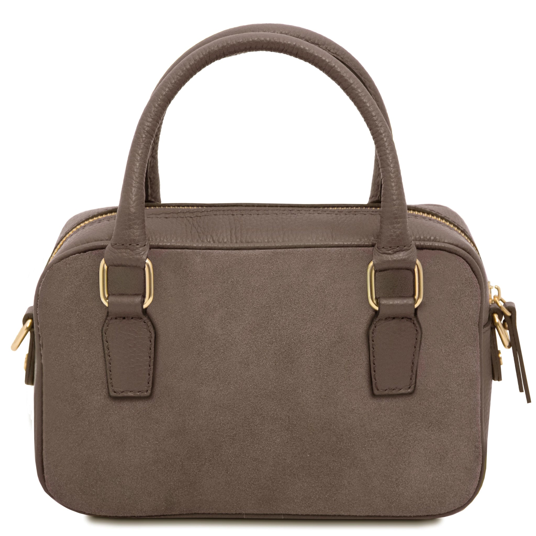 Back of dark taupe Chantilly Suede Handbag showing non-quilted suede panel
