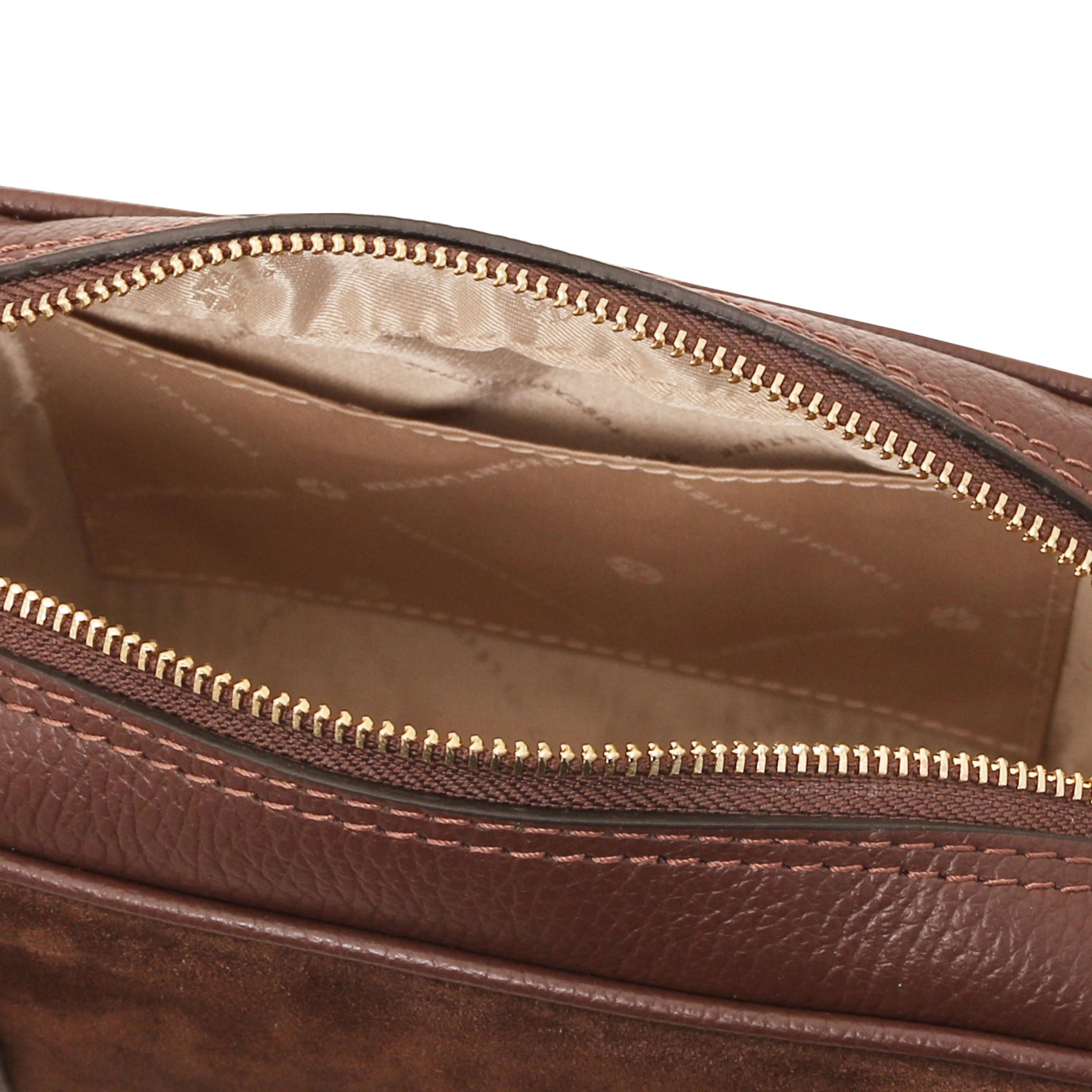 Interior view of Chantilly Suede Handbag in coffee with beige lining and open pocket