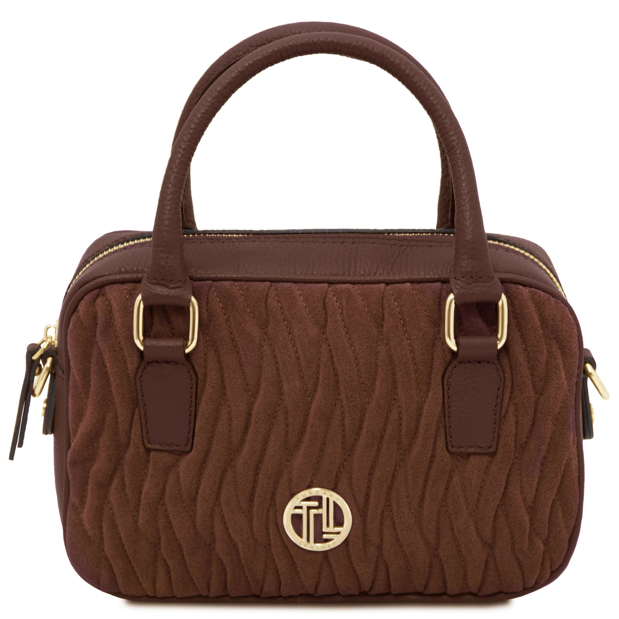 Chantilly Quilted Suede Leather Handbag in coffee with gold accents