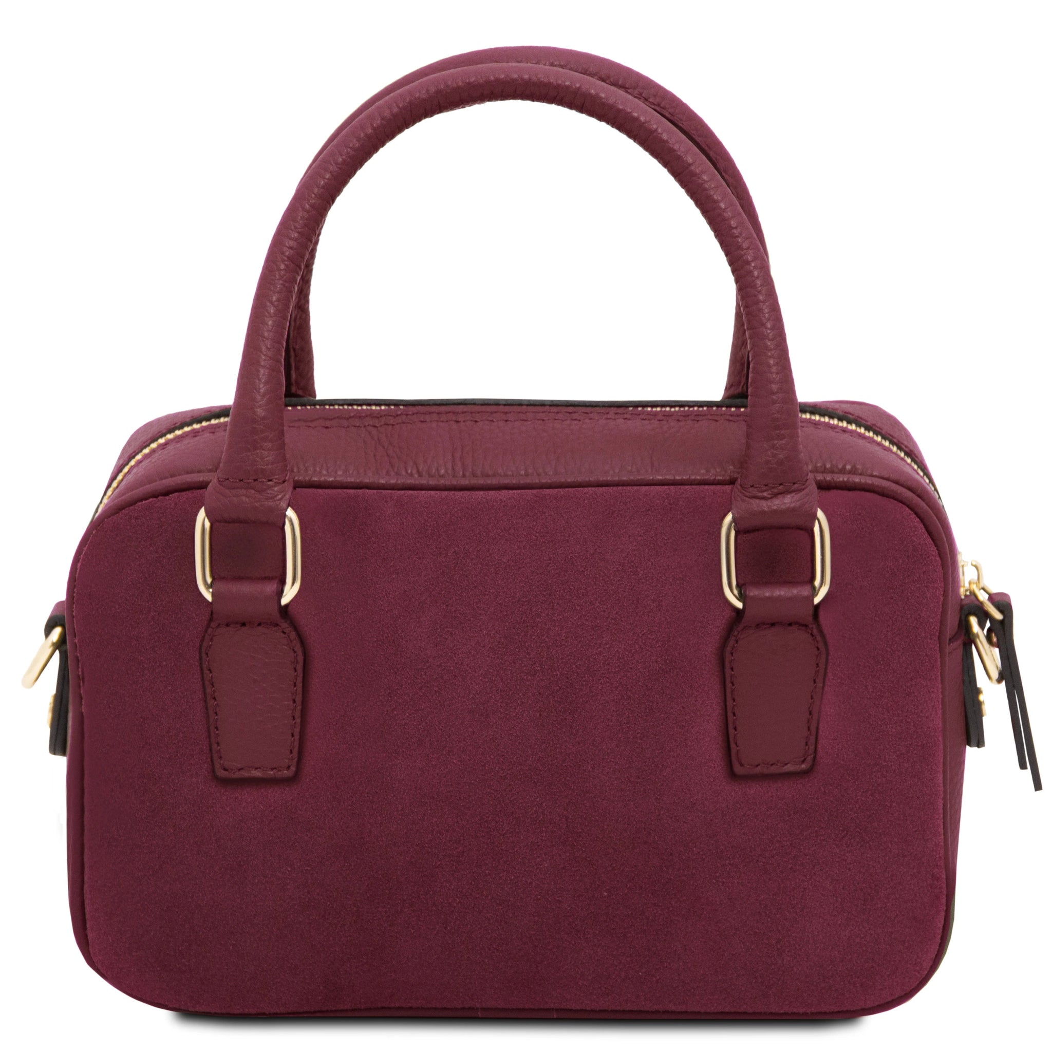 Back of bordeaux Chantilly Suede Handbag showing non-quilted suede panel