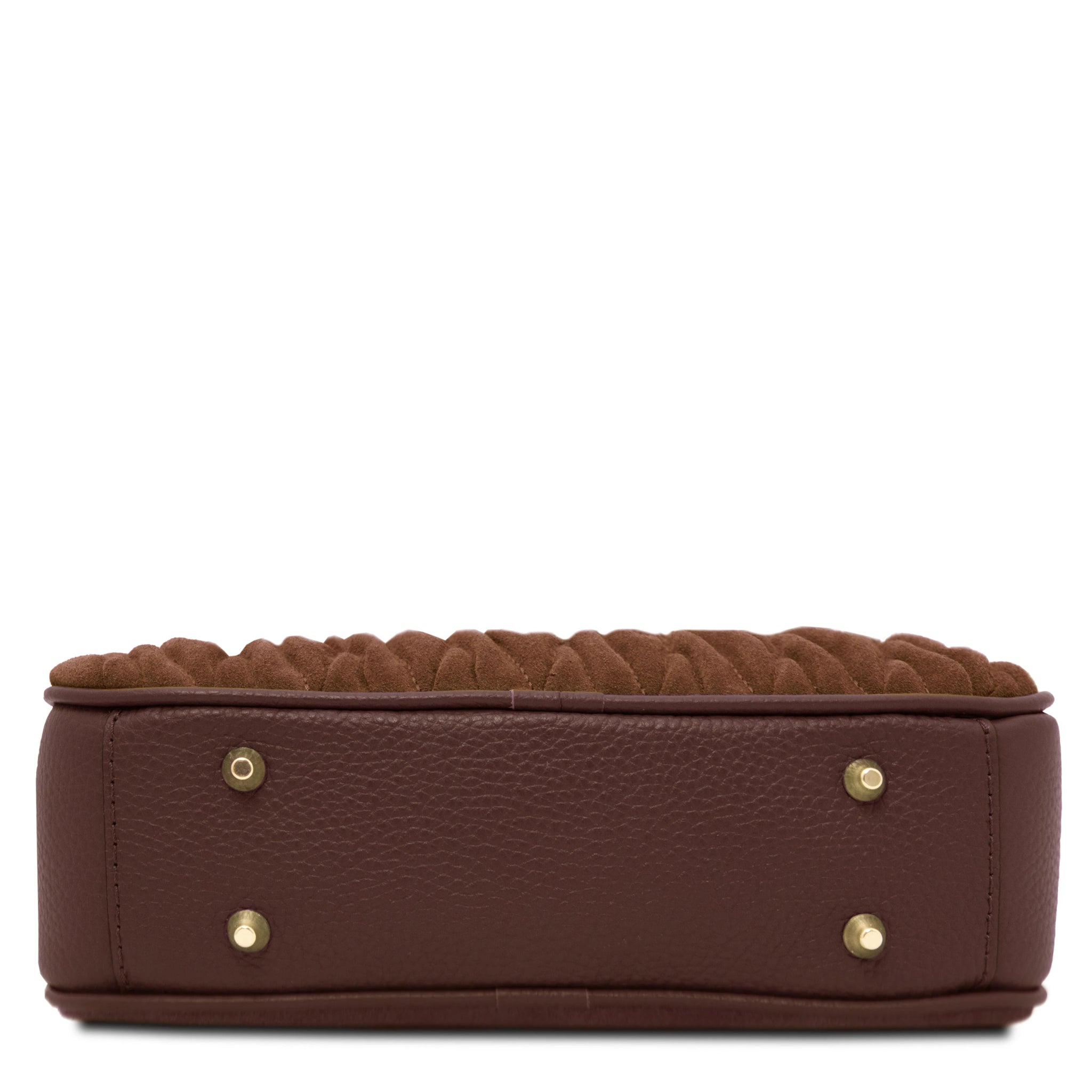 Back of coffee Chantilly Suede Handbag showing non-quilted suede panel