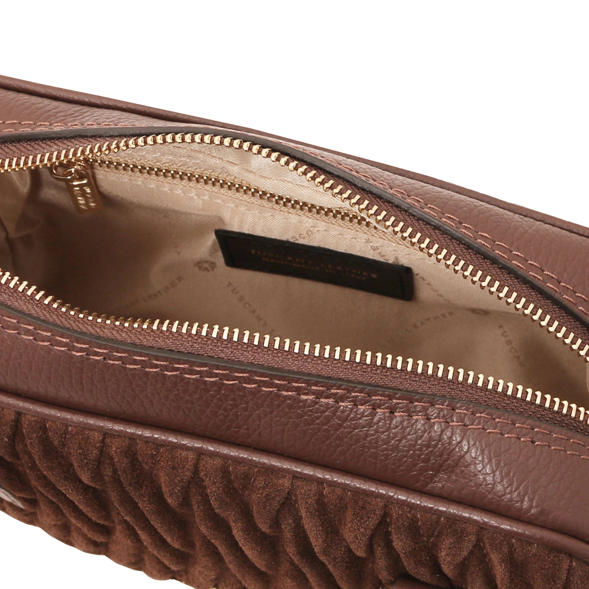 Interior view of Chantilly Suede Handbag in coffee with beige lining and zip pocket