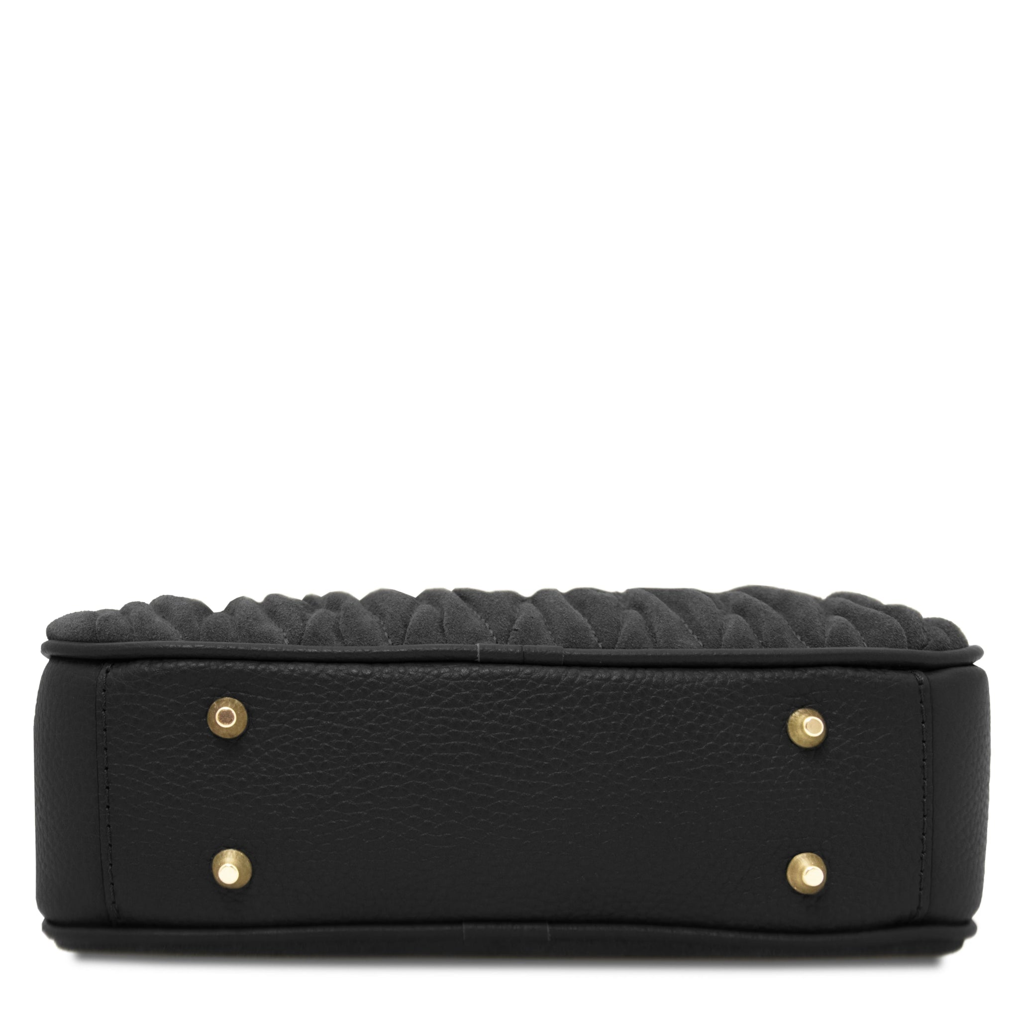 Bottom view black Chantilly Suede Leather Handbag with four gold feet