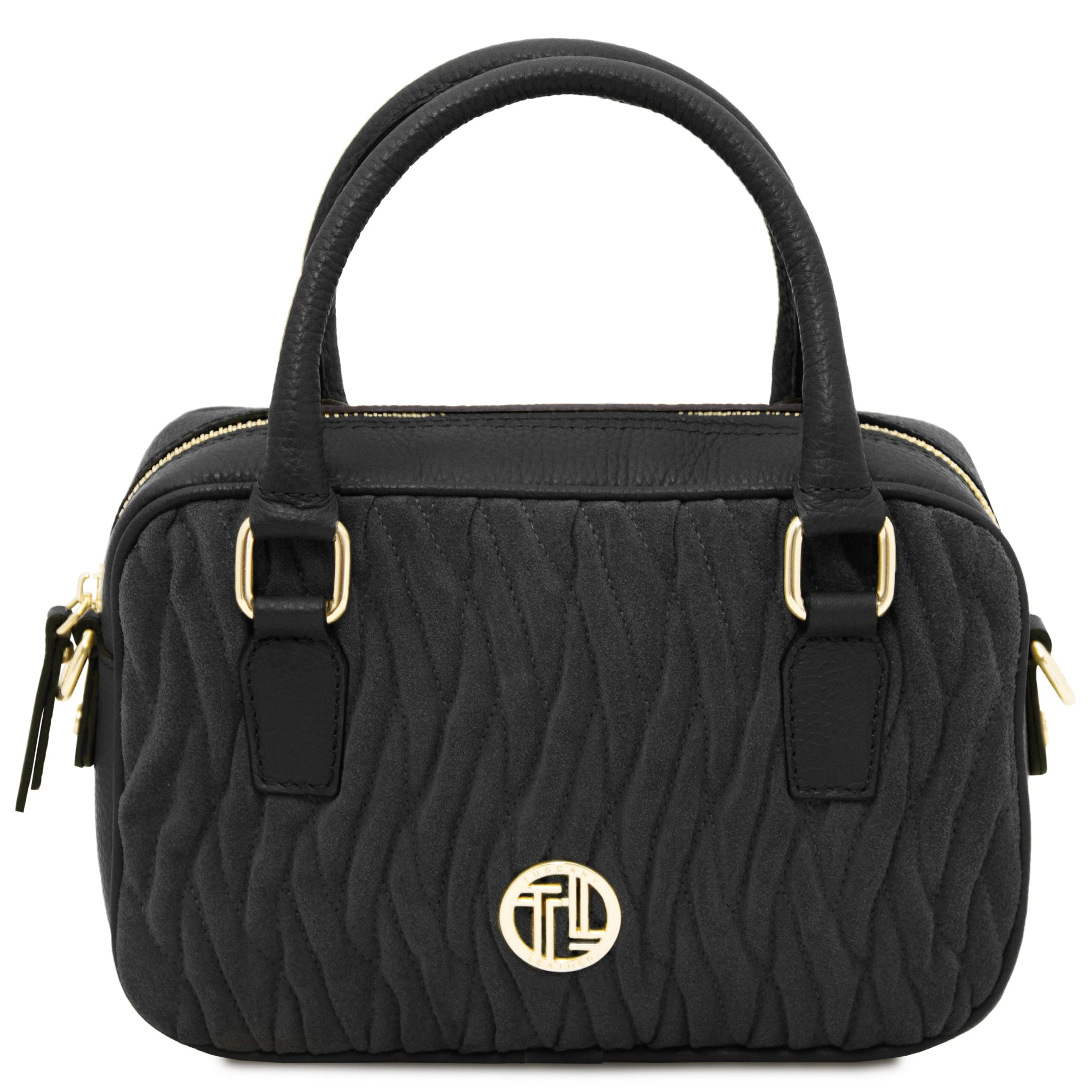 Front view Chantilly Quilted Suede Leather Handbag in black with gold accents