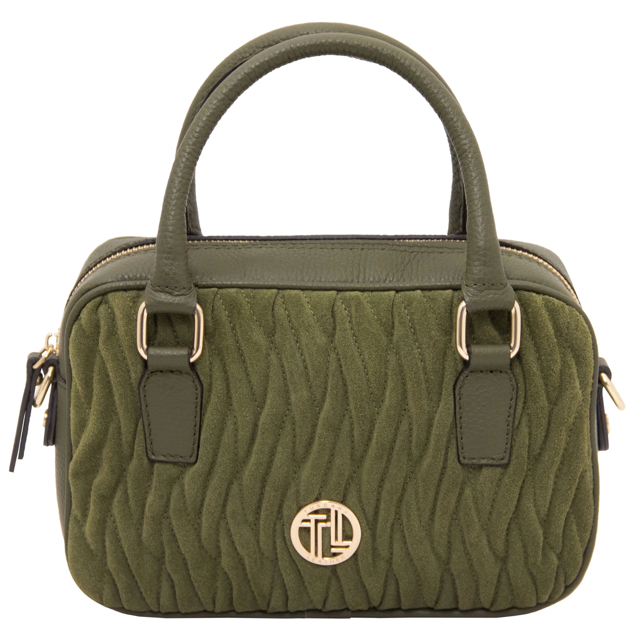 Chantilly quilted Suede Leather Handbag in green with gold accents