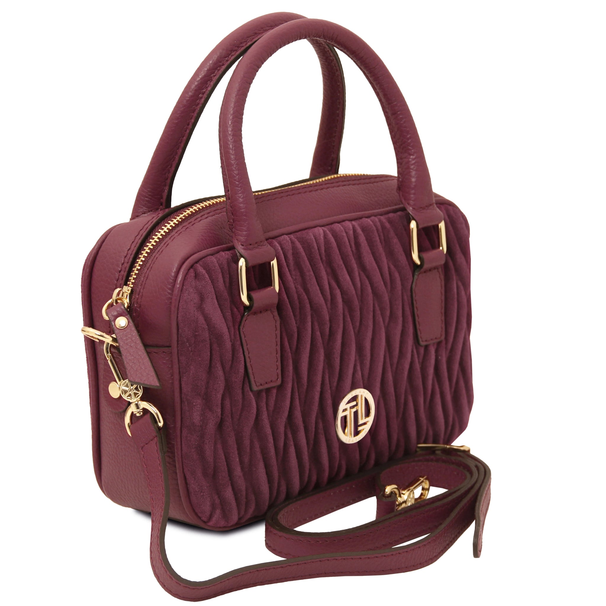 Chantilly Suede Leather Handbag in bordeaux showing shoulder strap