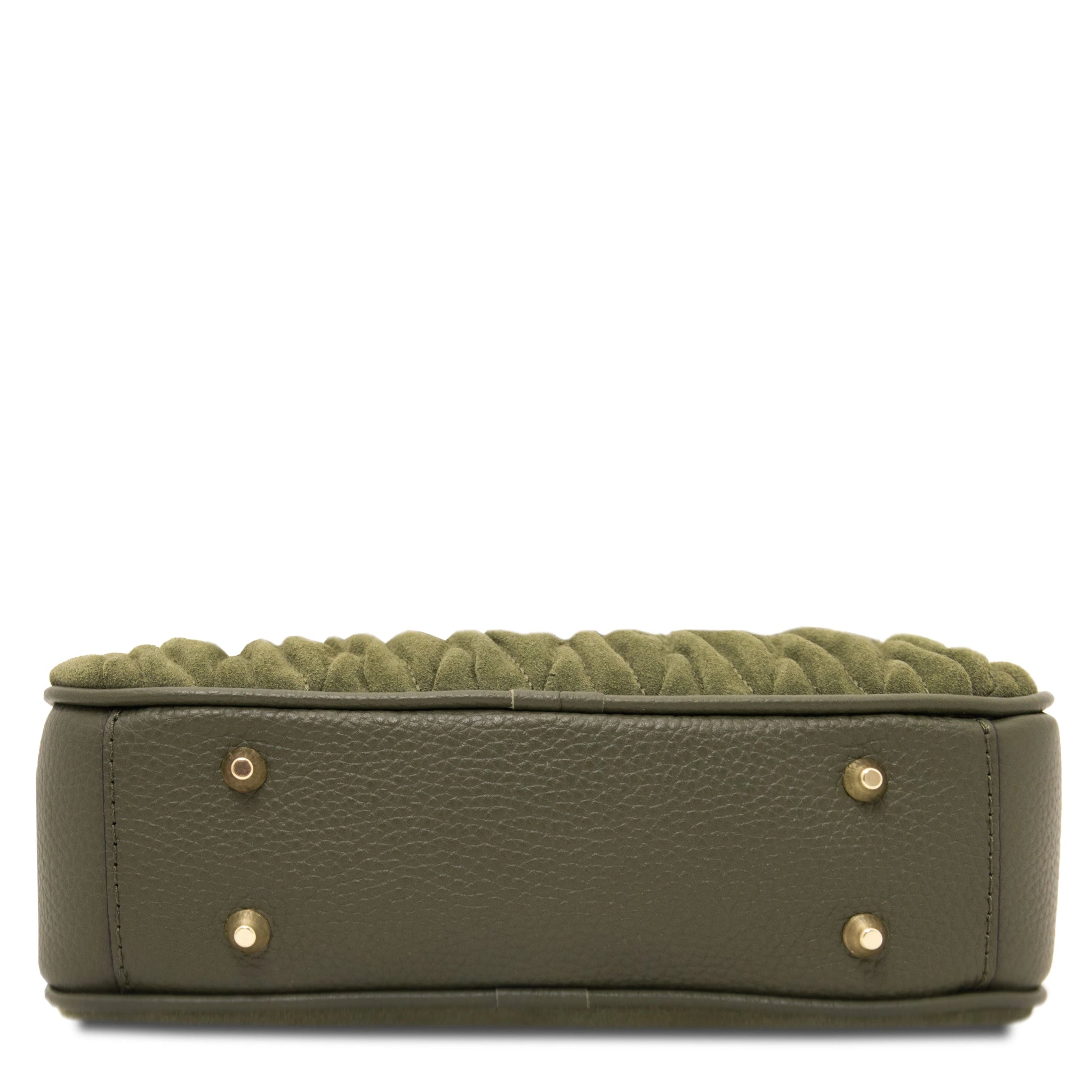 Bottom of green Chantilly Suede Handbag showing four gold feet