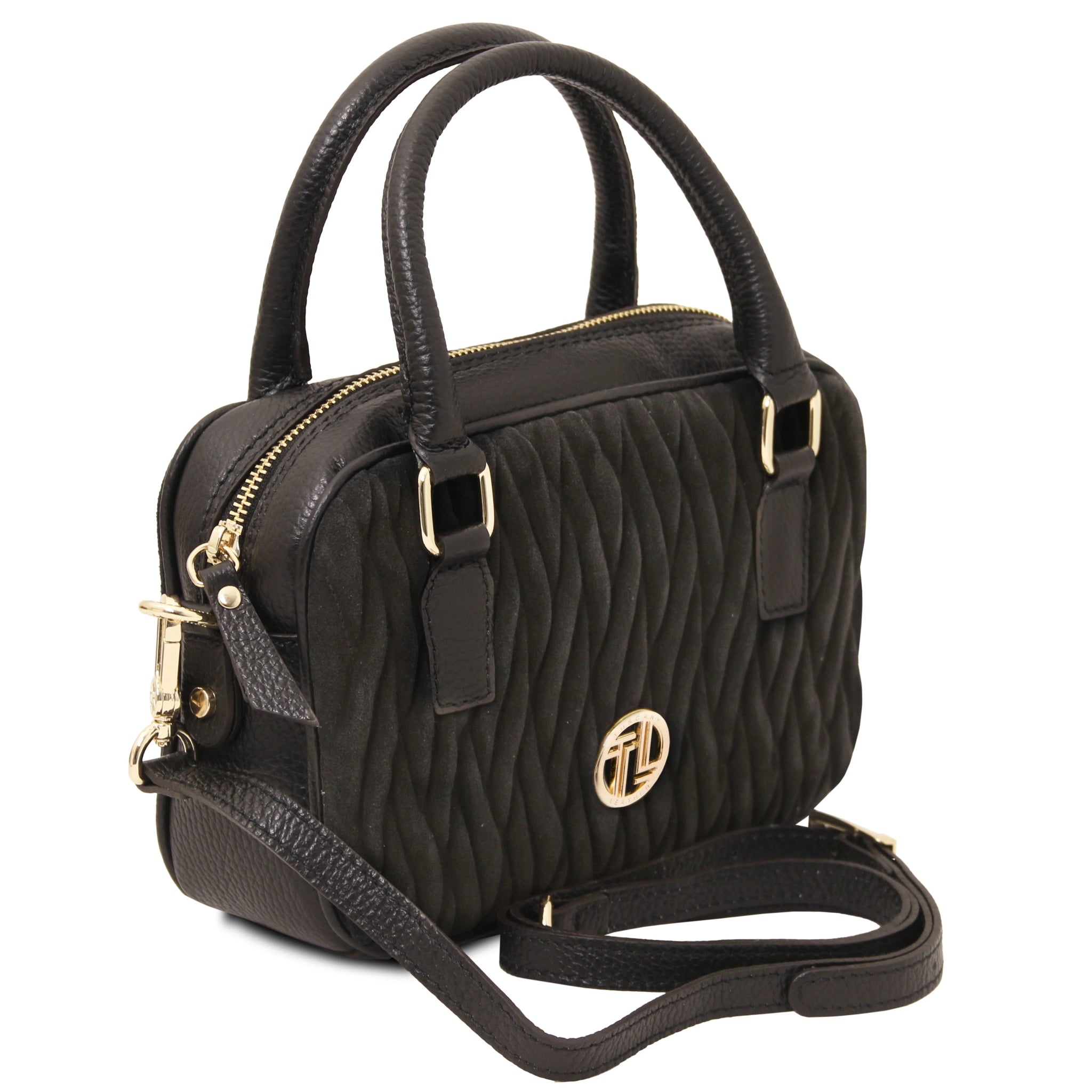 Side view Chantilly Suede Leather Handbag in black with shoulder strap