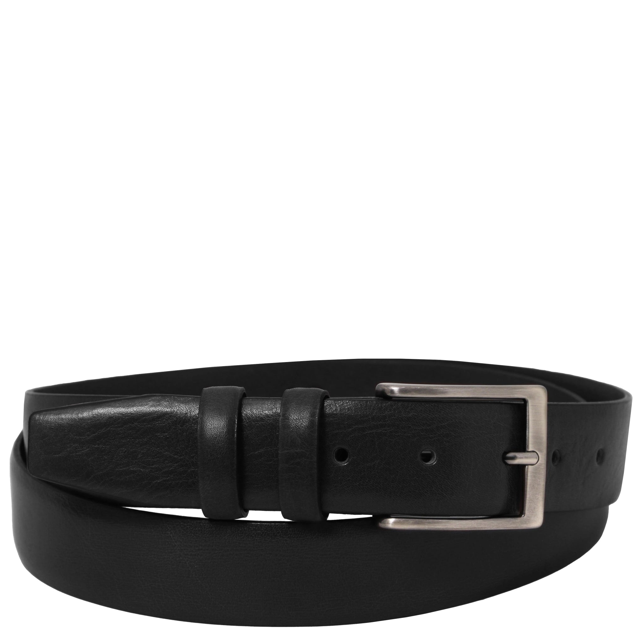 Classic Full-grain Italian Leather Belt in Black with silver tone hardware on a white background
