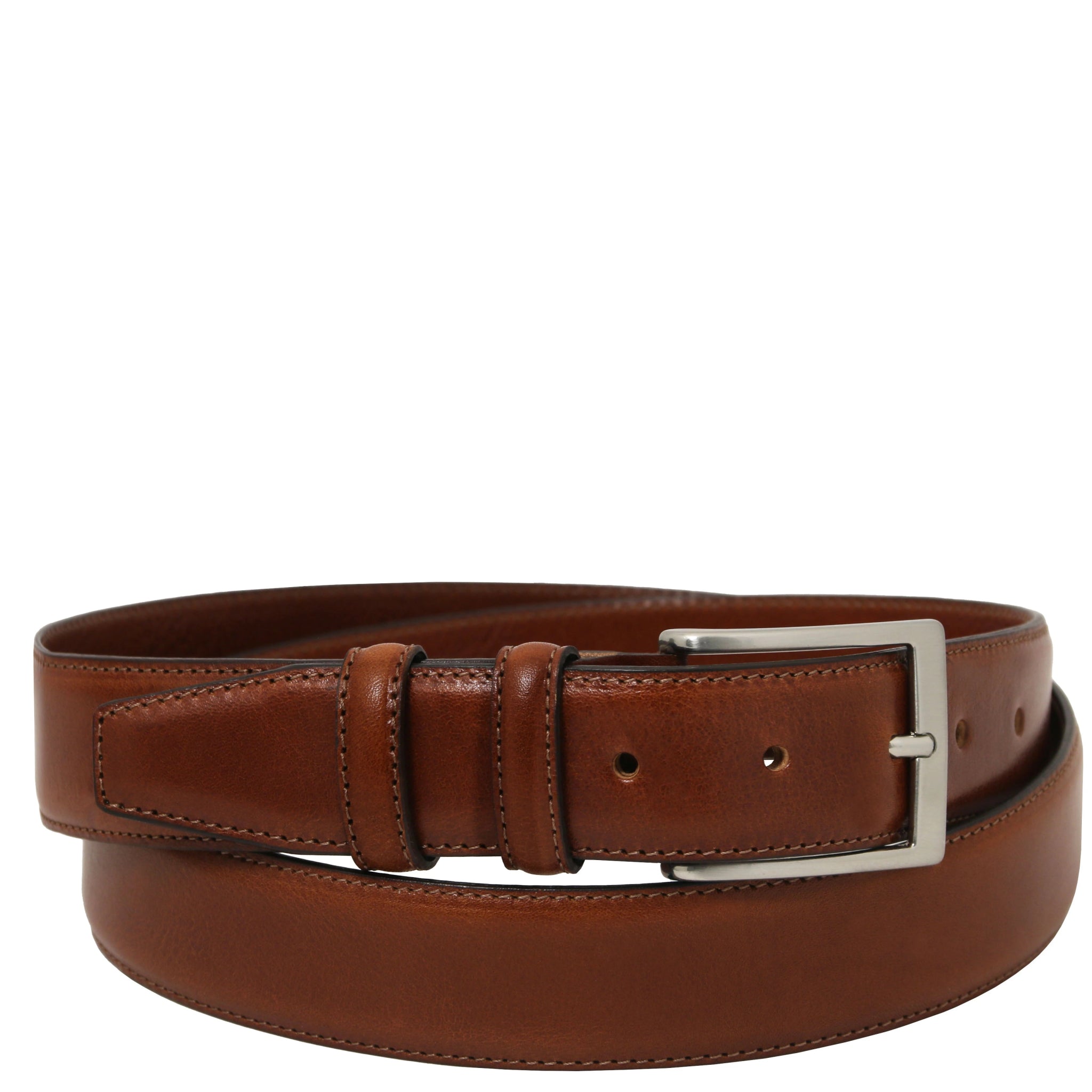 Brown leather belt with a silver buckle on a white background