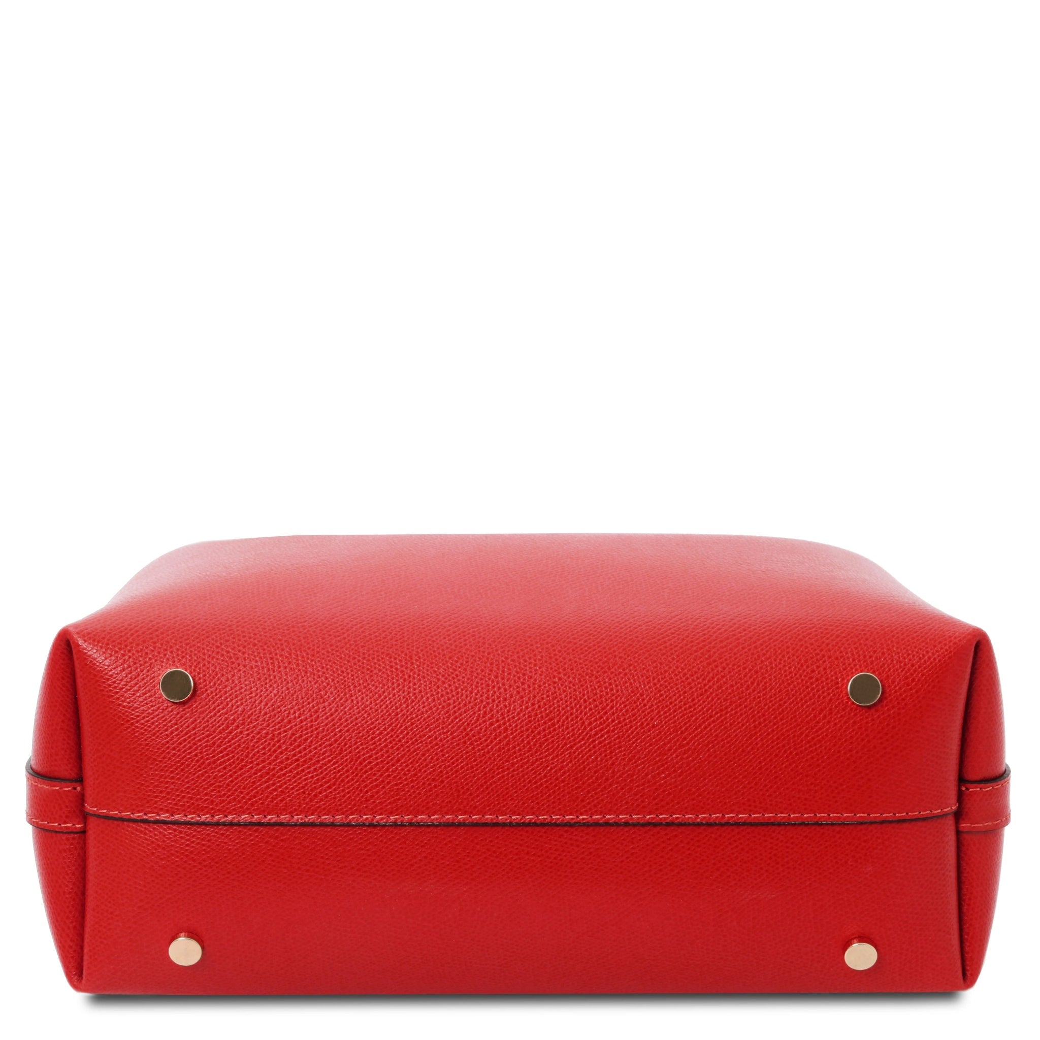 Clio Italian Pebbled Leather Secchiello Bag in Red showing bottom of bag with four protective gold feet