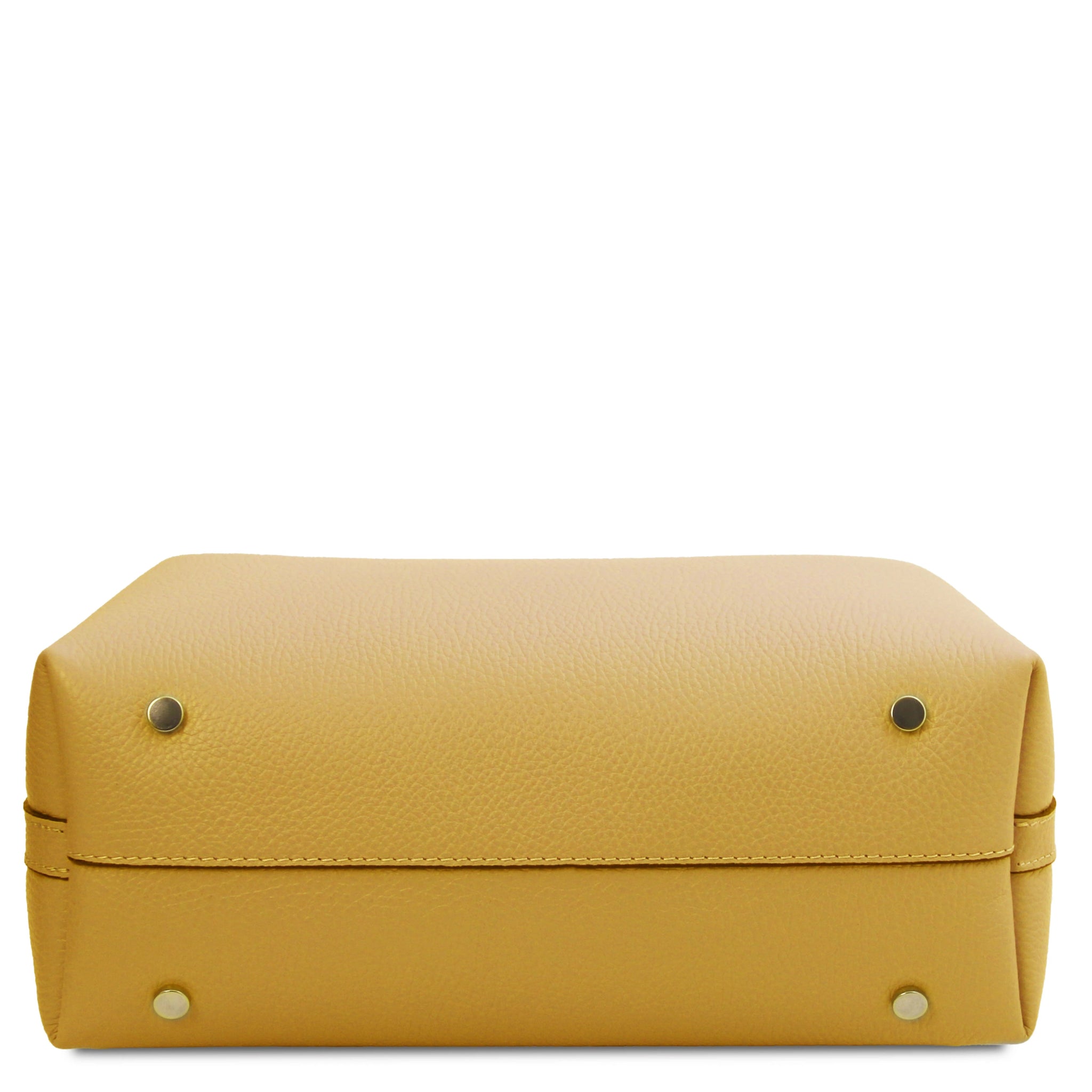 Bottom view Clio Italian Pebbled Leather Secchiello Bag in pastel yellow on a white background