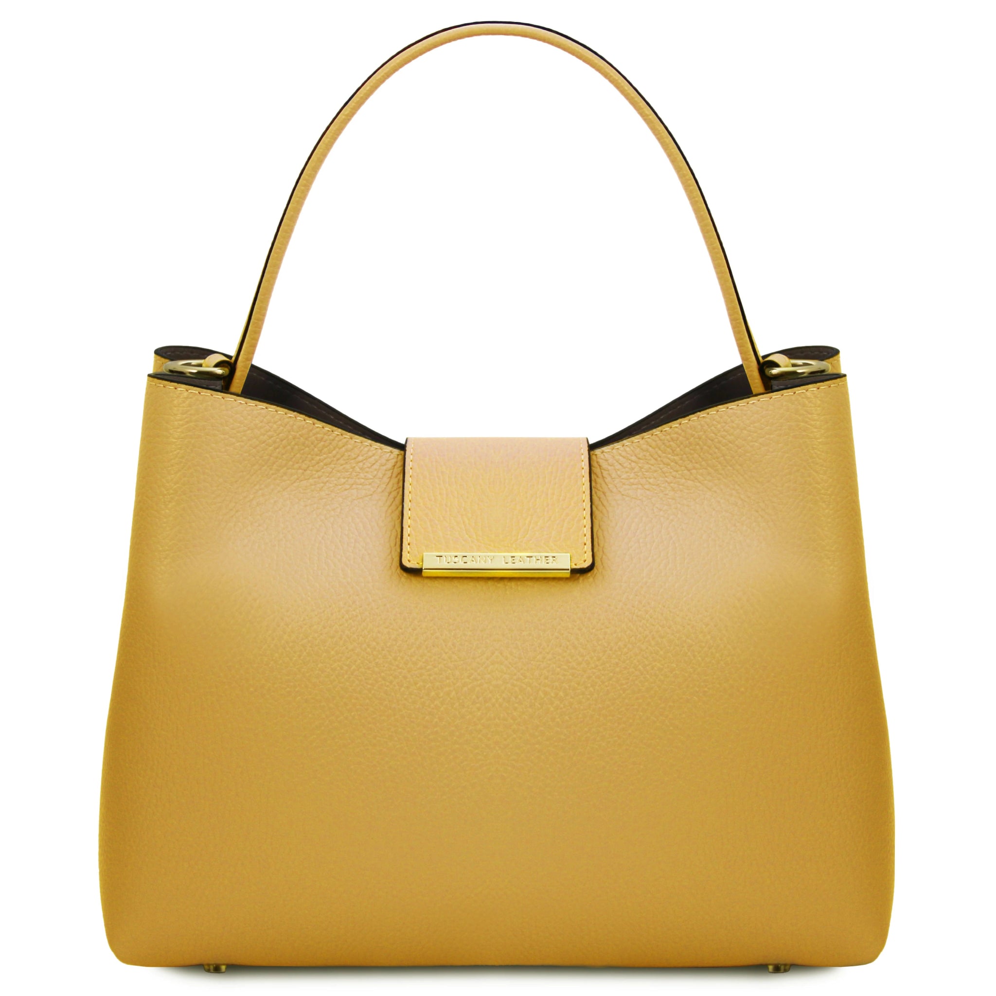 Clio Italian Pebbled Leather Secchiello Bag in pastel yellow on a white background
