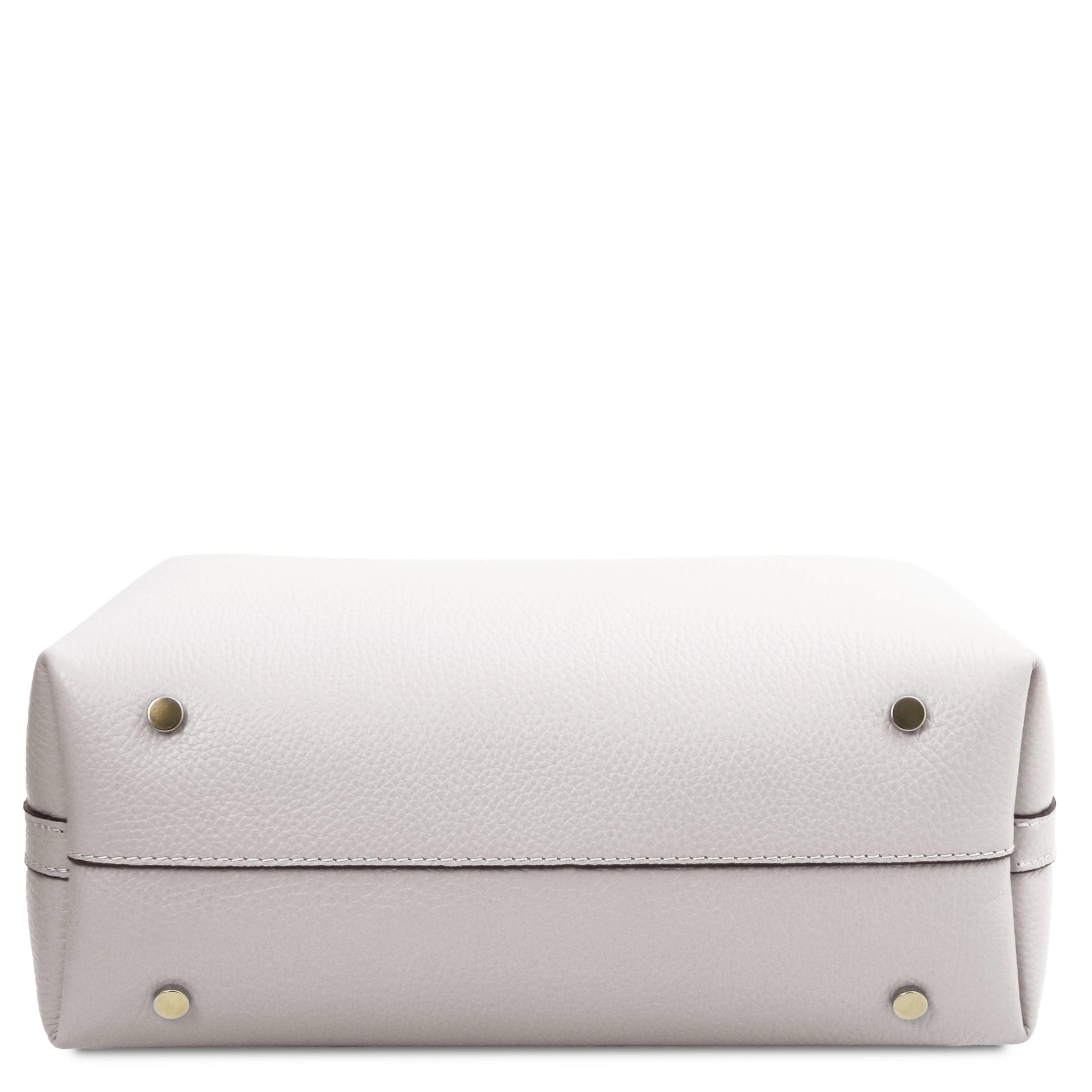 Bottom view Clio Italian Pebbled Leather Secchiello Bag in White showing four silver protective feet