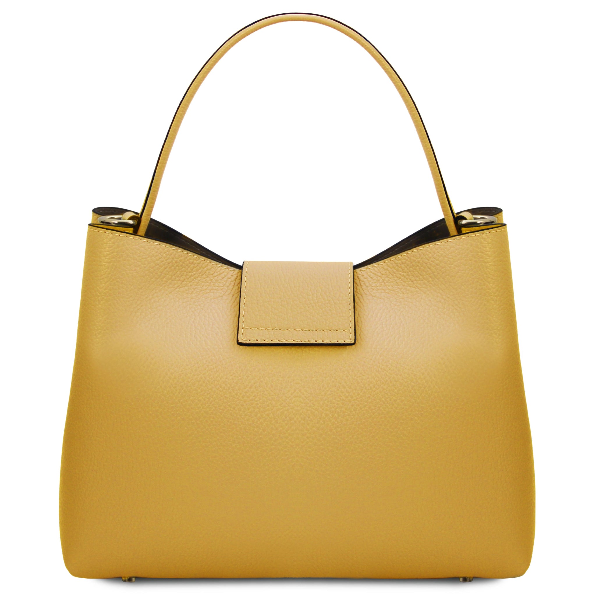 Back view Clio Italian Pebbled Leather Secchiello Bag in pastel yellow on a white background