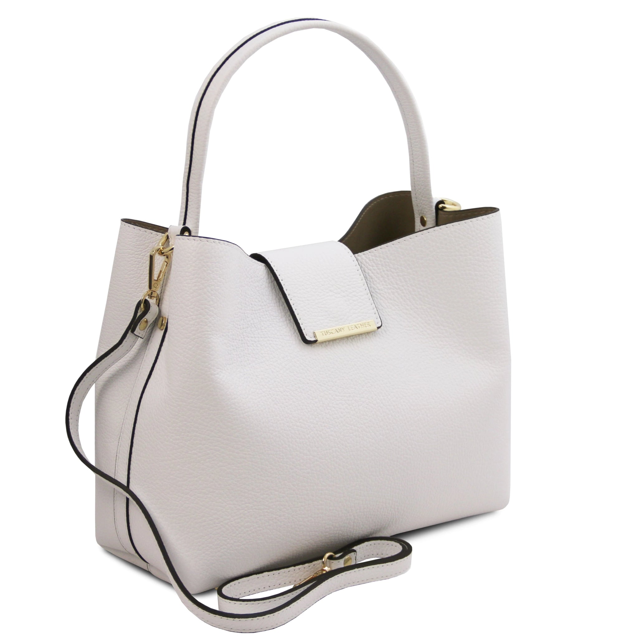 Side view Clio Italian Pebbled Leather Secchiello Bag in White with detachable shoulder strap