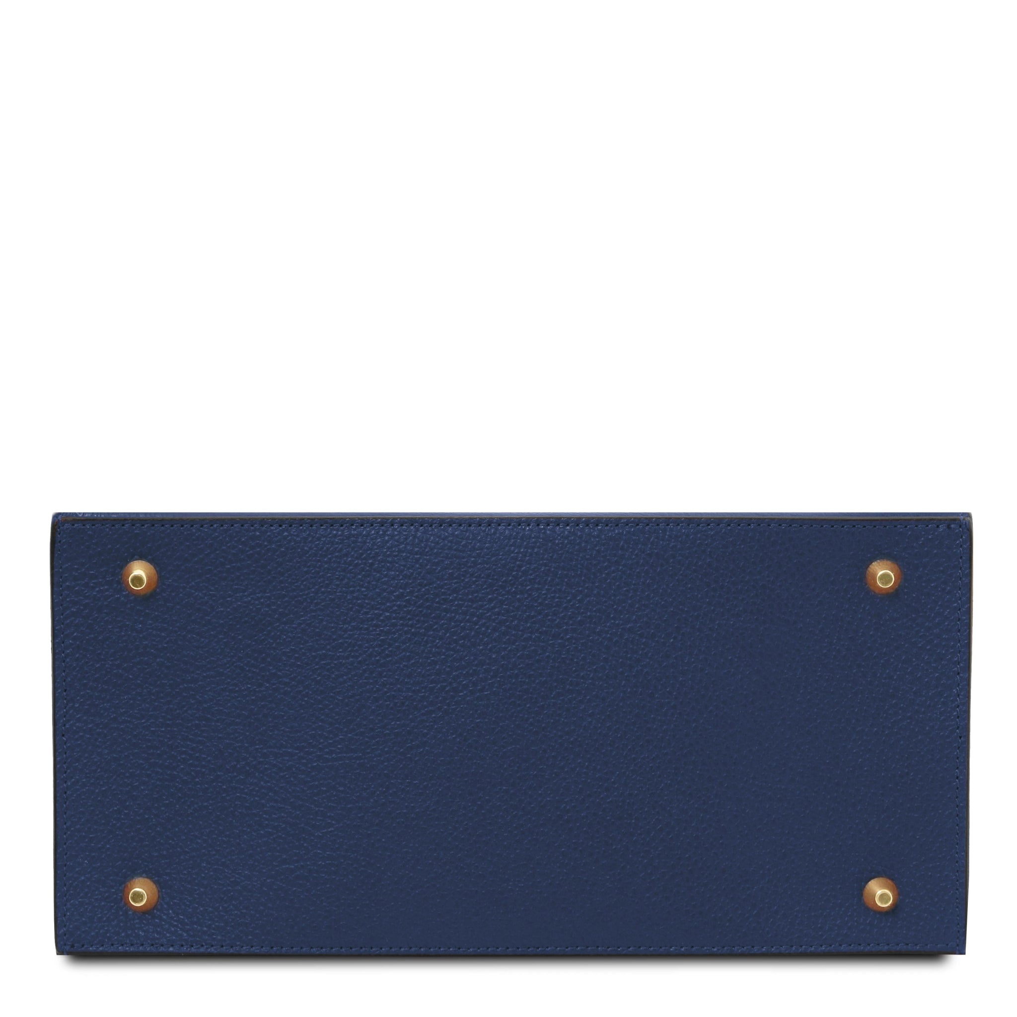 Bottom View Coccola Italian Pebbled Leather Handbag in Dark Blue showing protective golden feet