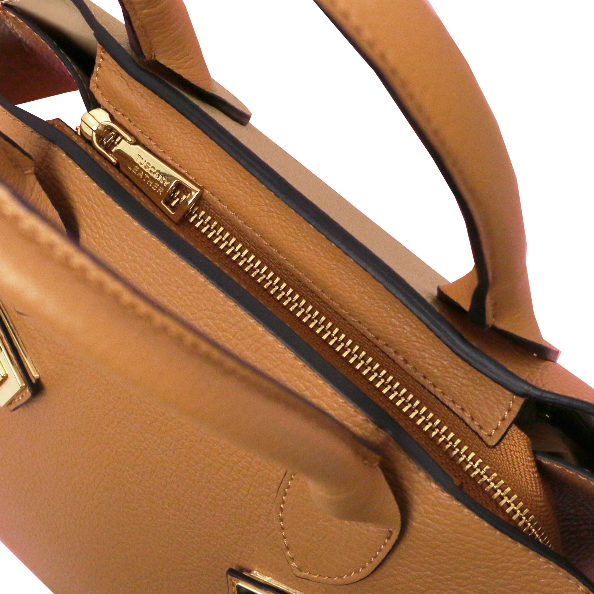 Top Zip Pocket Closure View Coccola Italian Pebbled Leather Handbag in Caramel