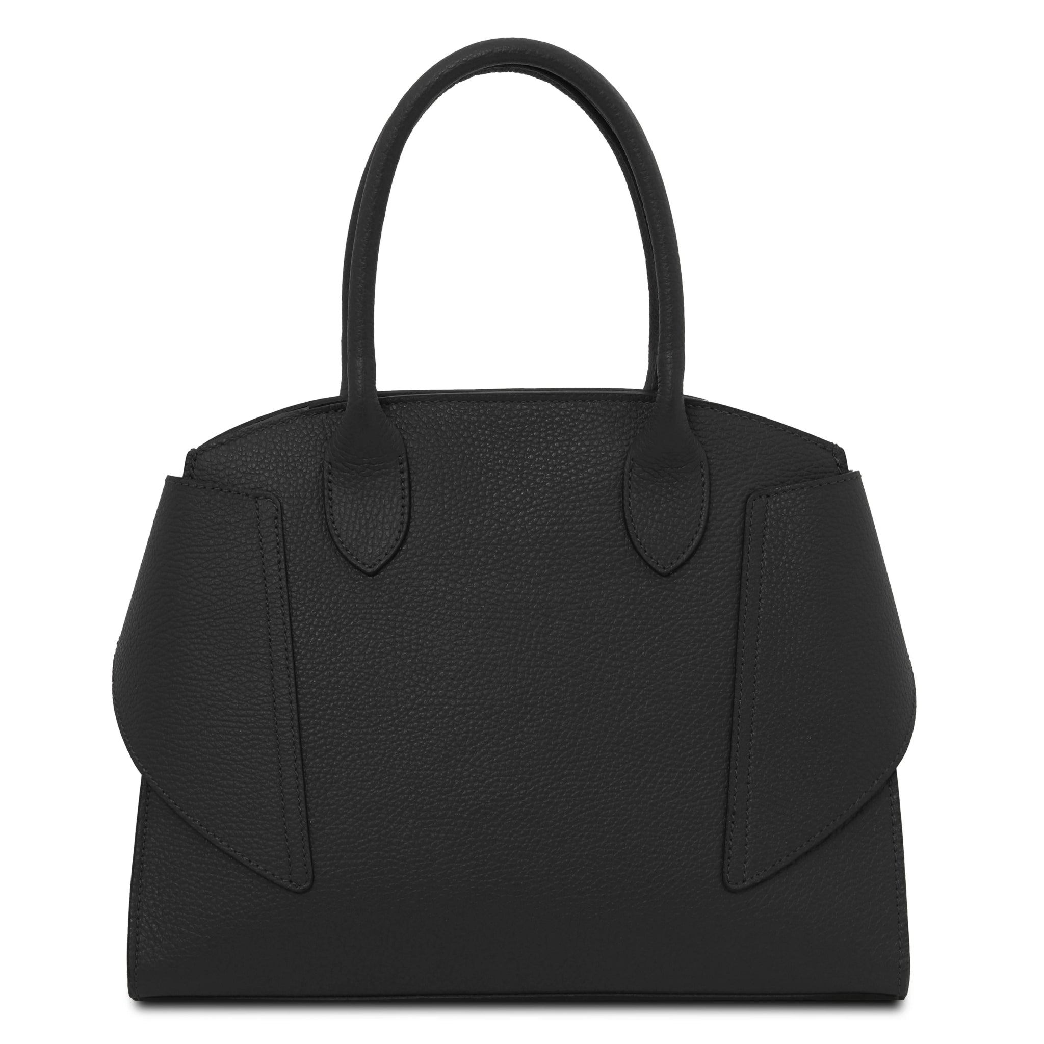 Back View Coccola Italian Pebbled Leather Handbag in Black showing handle