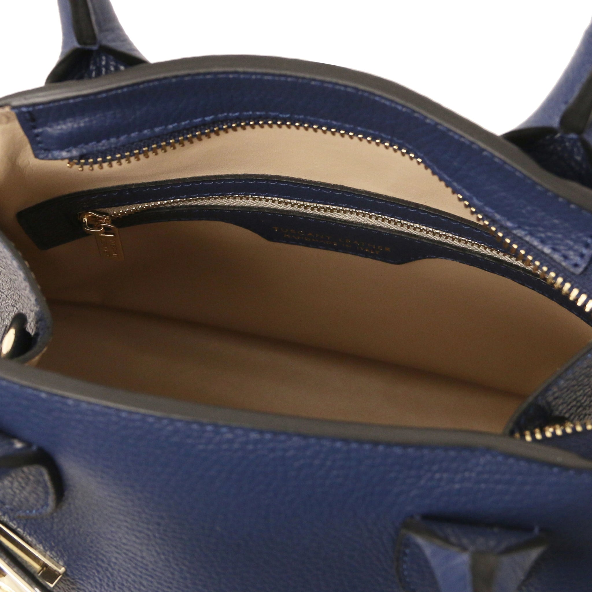 Interior Zip Pocket View Coccola Italian Pebbled Leather Handbag in Dark Blue