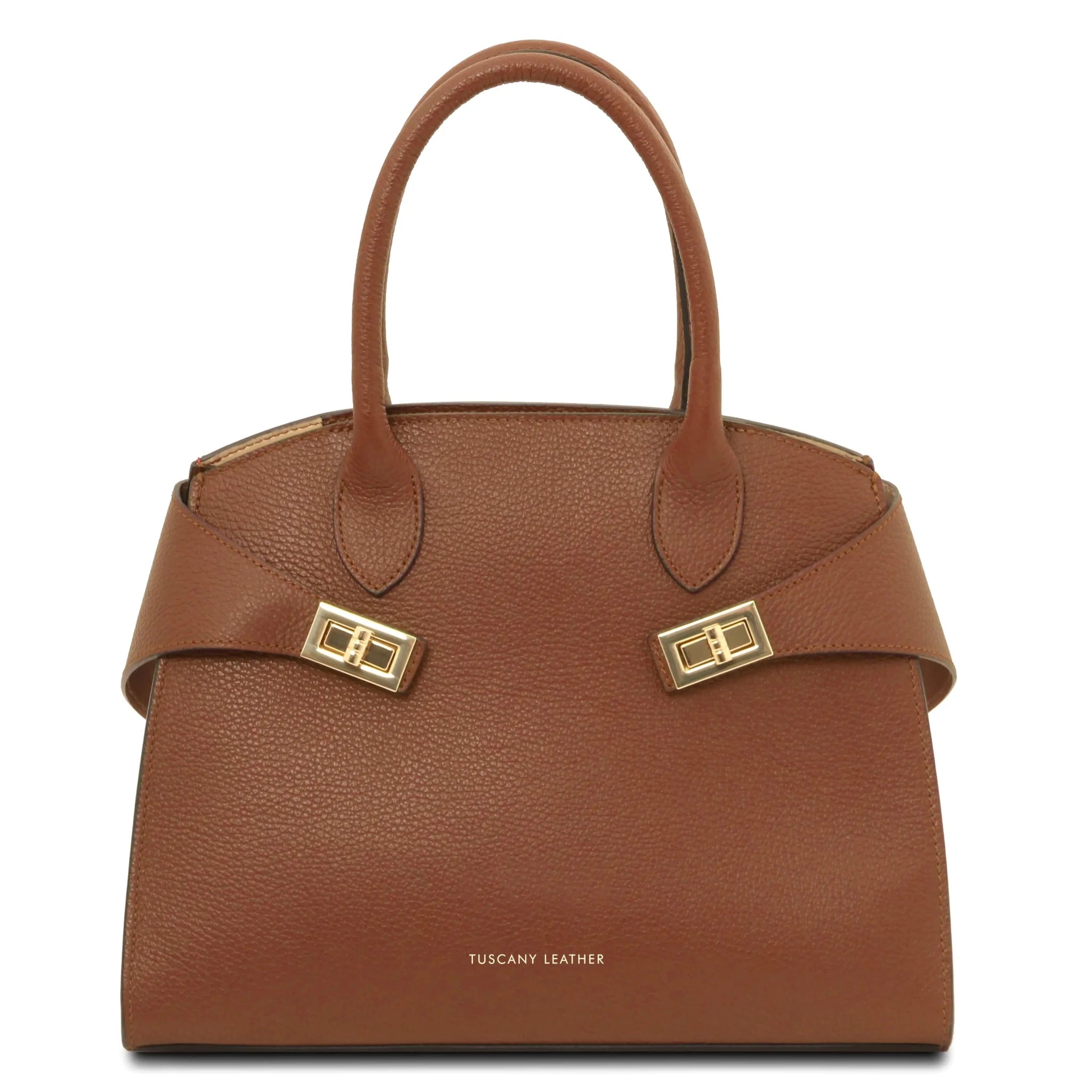 Front View Coccola Italian Pebbled Leather Handbag in Cognac with golden hardware