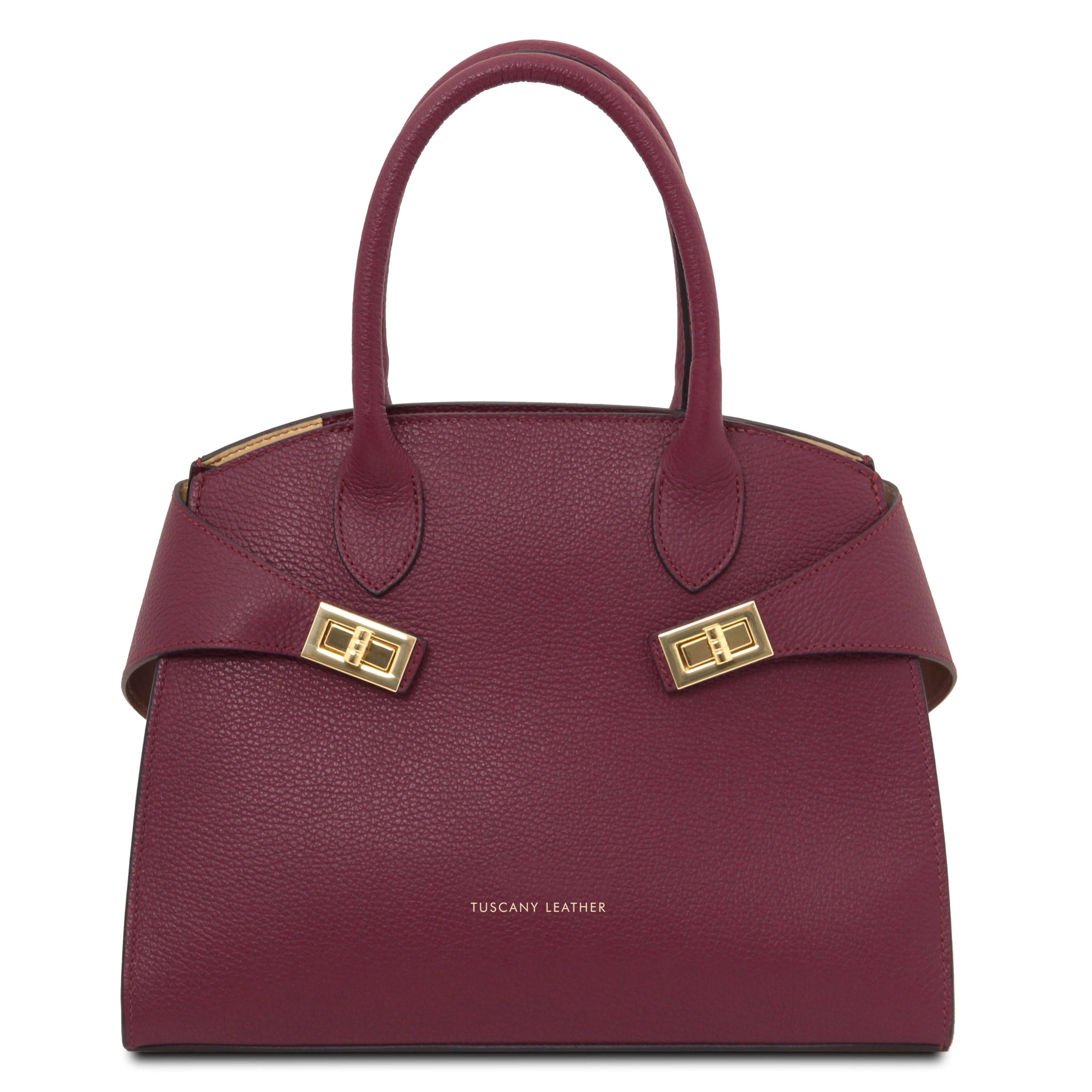 Front View Coccola Italian Pebbled Leather Handbag in bordeaux with golden hardware accents
