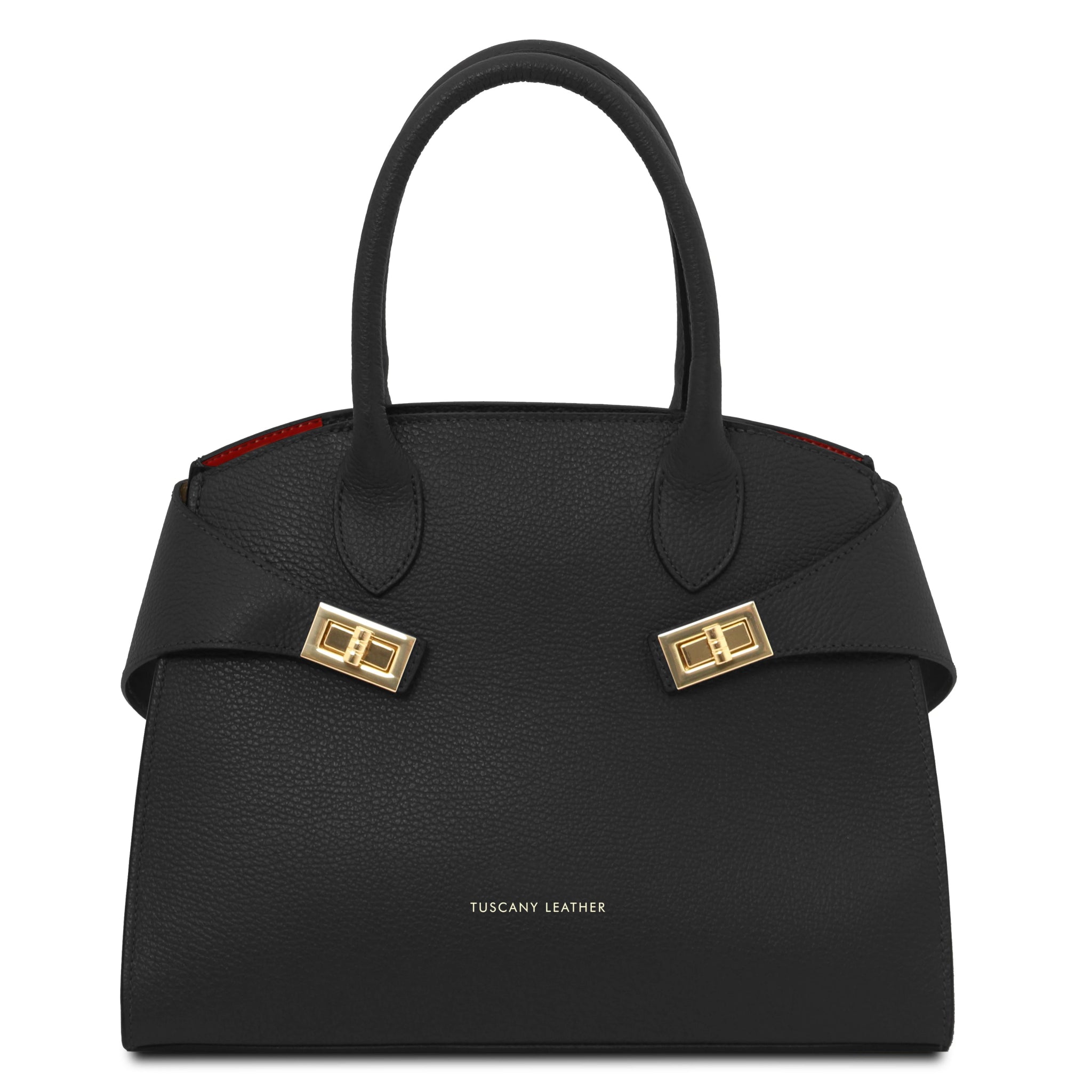 Front View Coccola Italian Pebbled Leather Handbag in Black showing handle and golden hardware accents