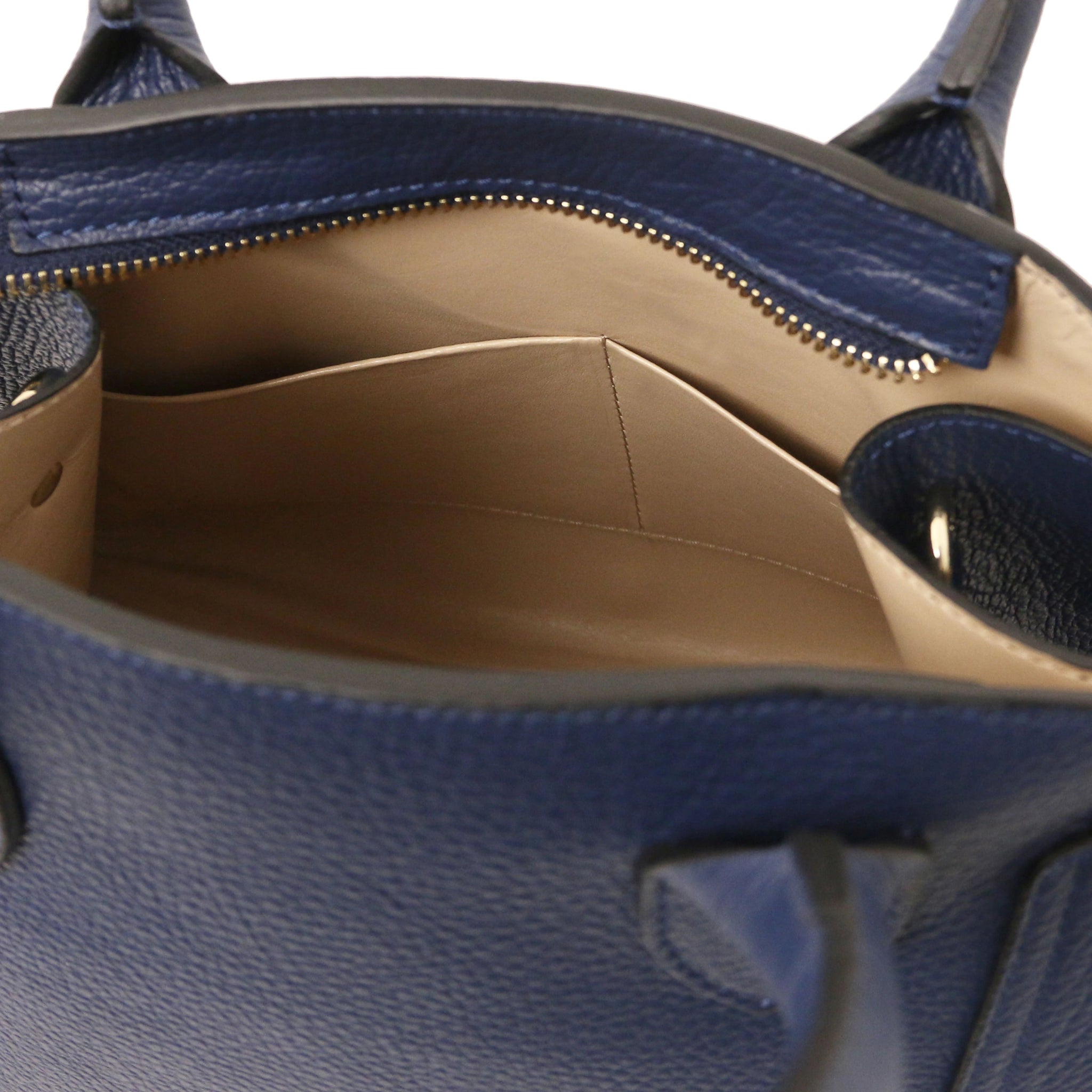 Interior Open Pocket View Coccola Italian Pebbled Leather Handbag in Dark Blue