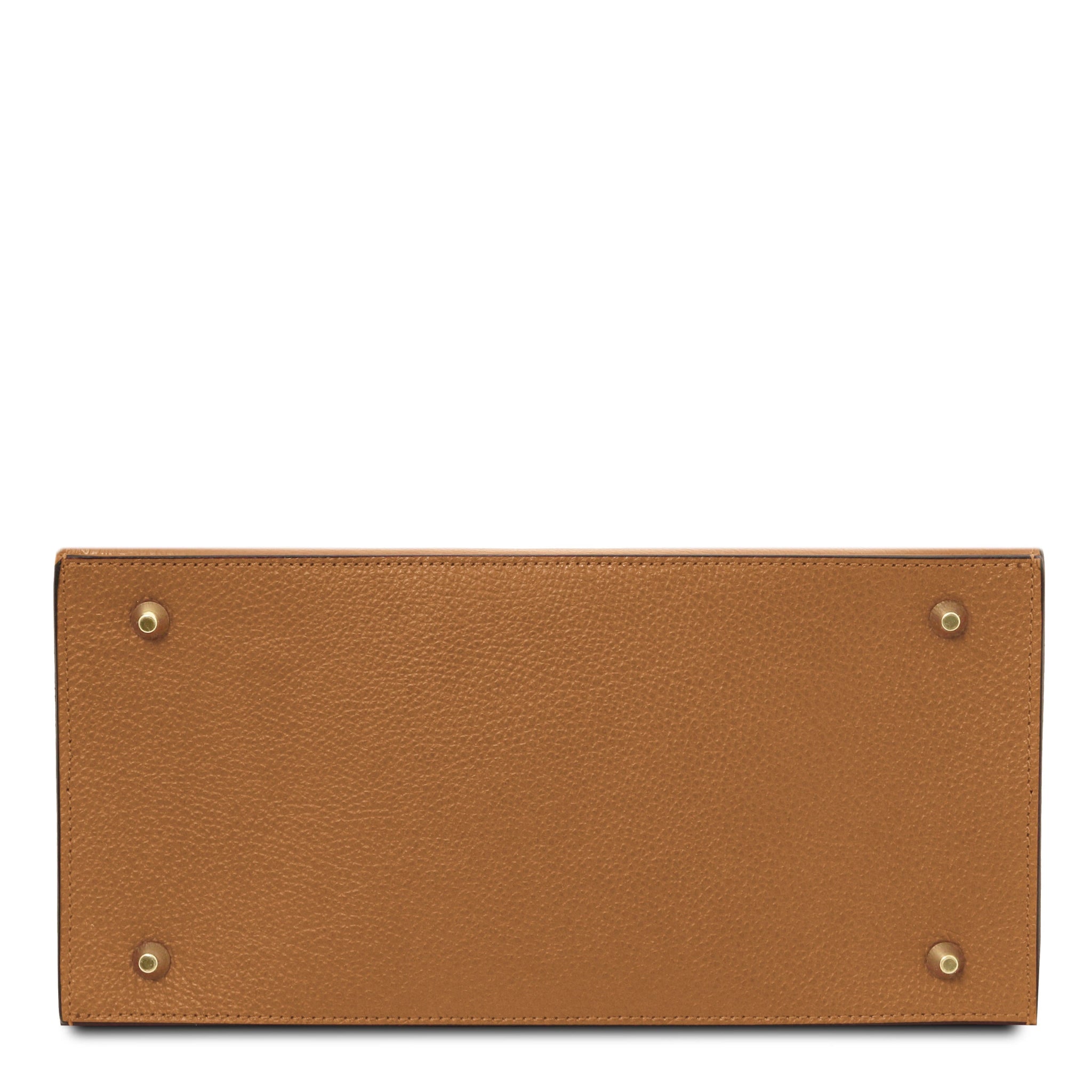 Bottom View Coccola Italian Pebbled Leather Handbag in Caramel with protective golden feet