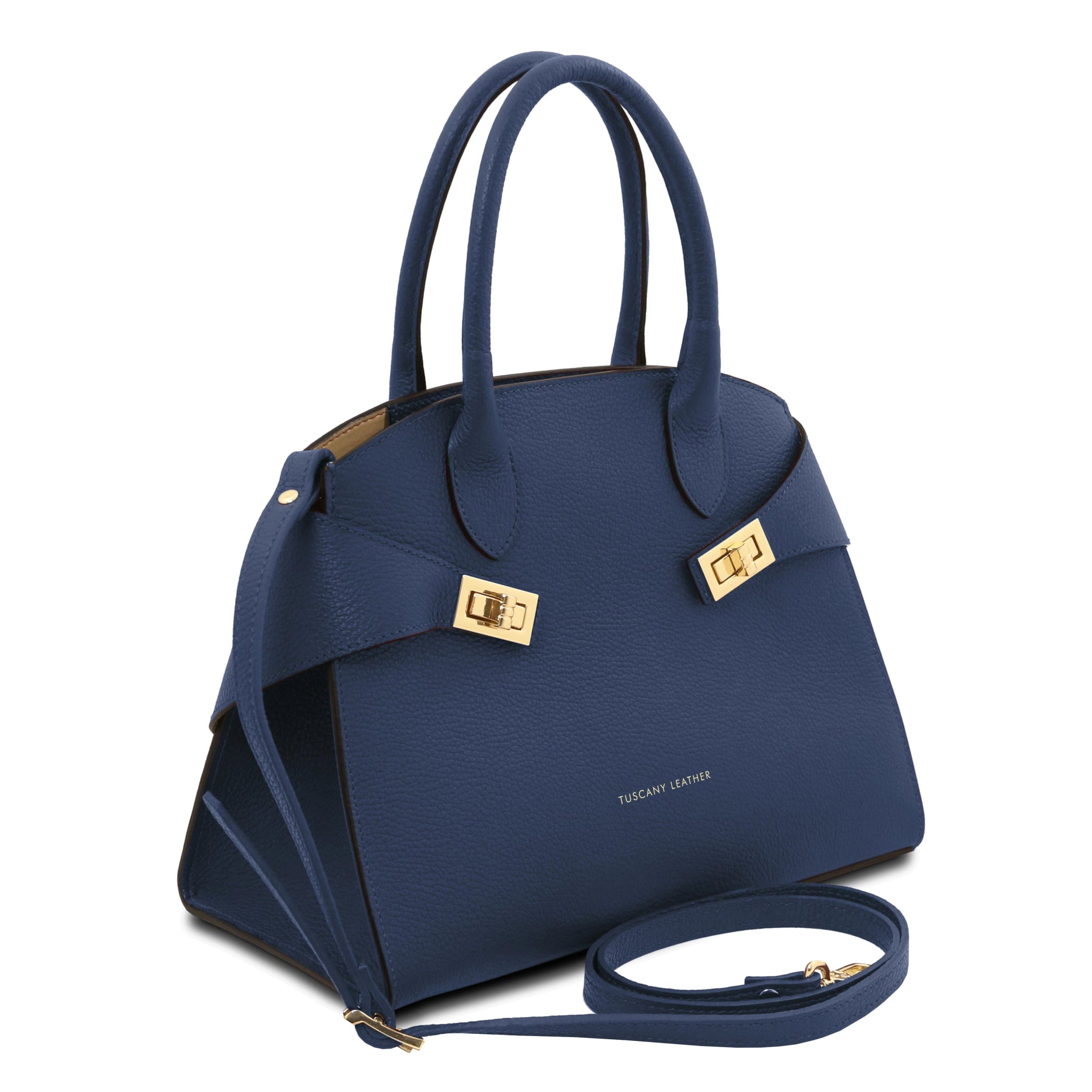 Front side View Coccola Italian Pebbled Leather Handbag in Dark Blue showing handle and detachable shoulder strap