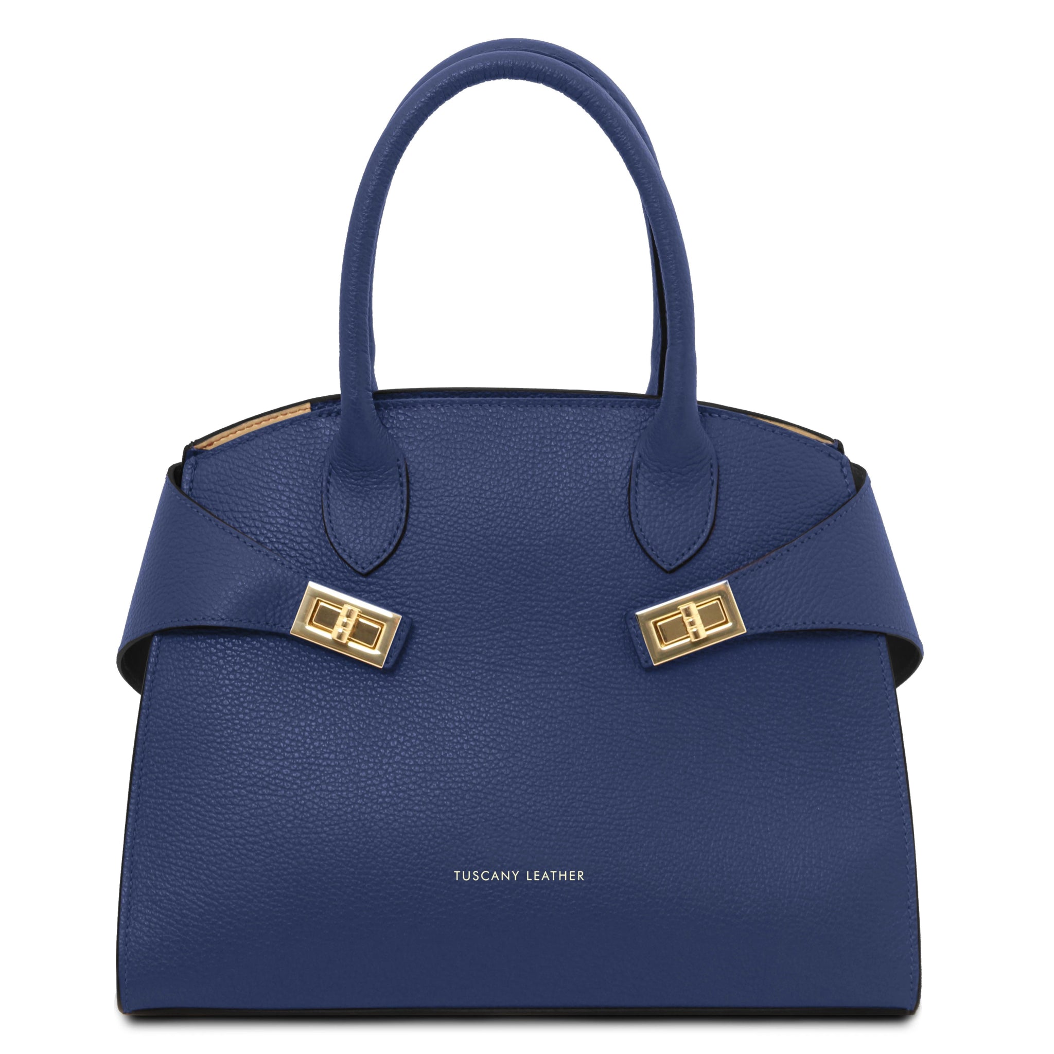 Front View Coccola Italian Pebbled Leather Handbag in Dark Blue showing handle and golden hardware accents