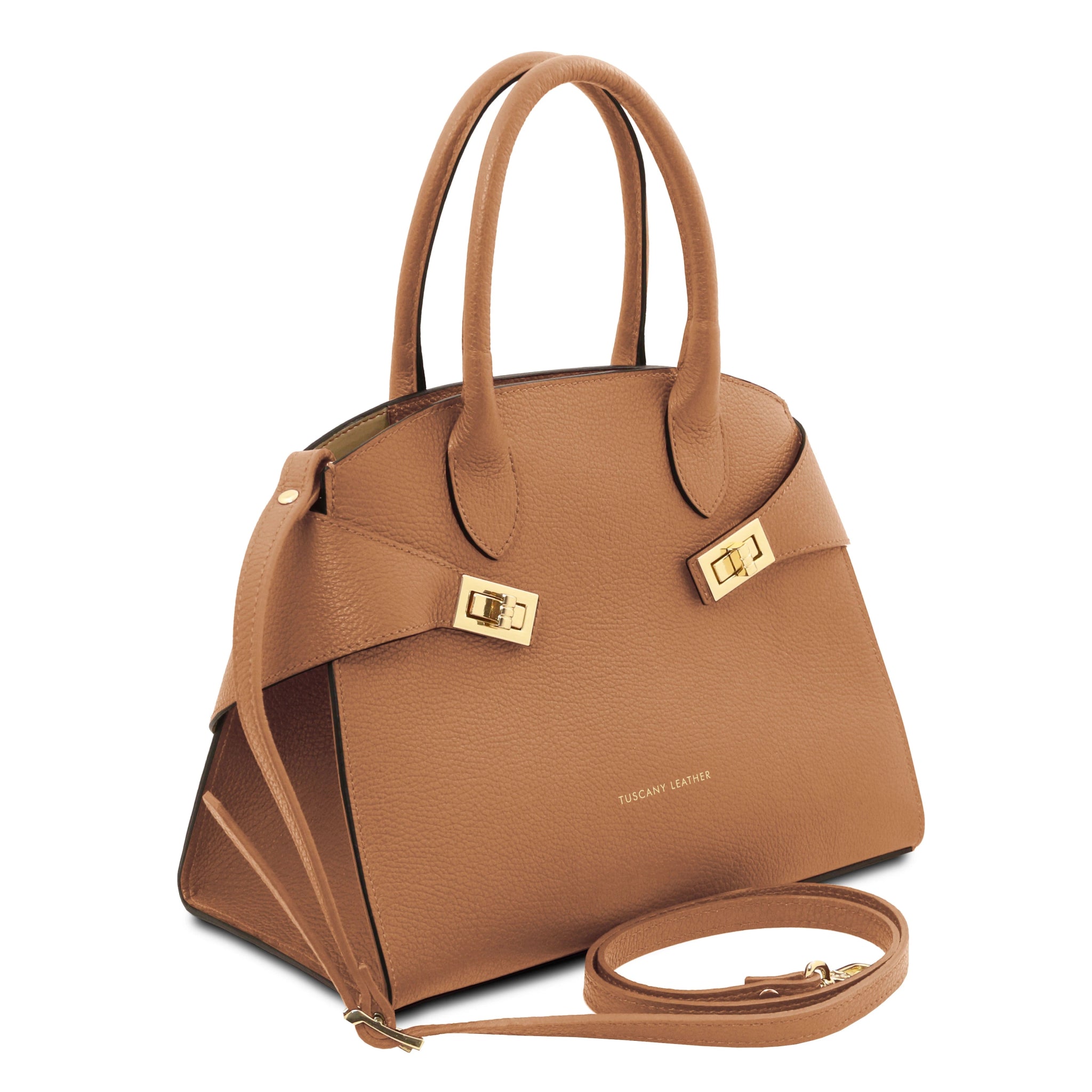 Front side View Coccola Italian Pebbled Leather Handbag in Caramel with detachable shoulder strap
