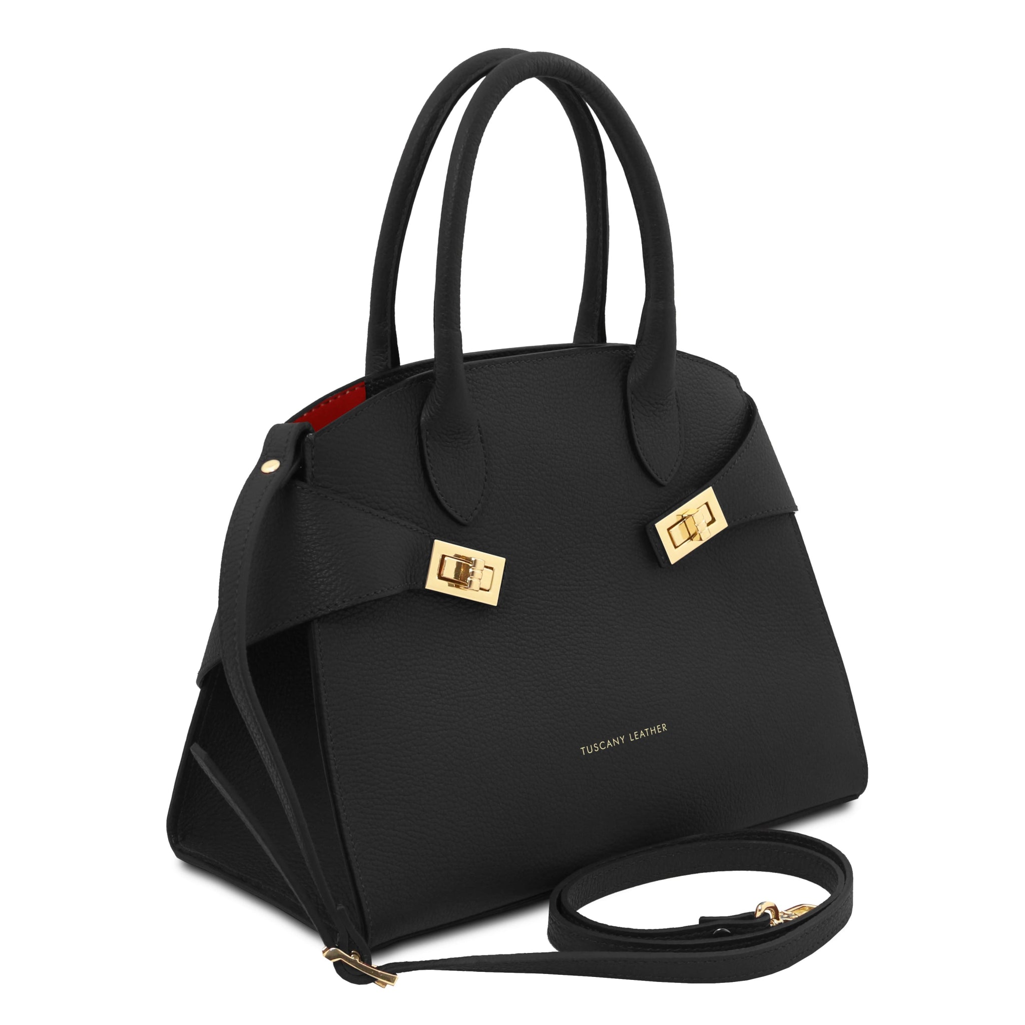 Front side View Coccola Italian Pebbled Leather Handbag in Black showing handle and detachable shoulder strap