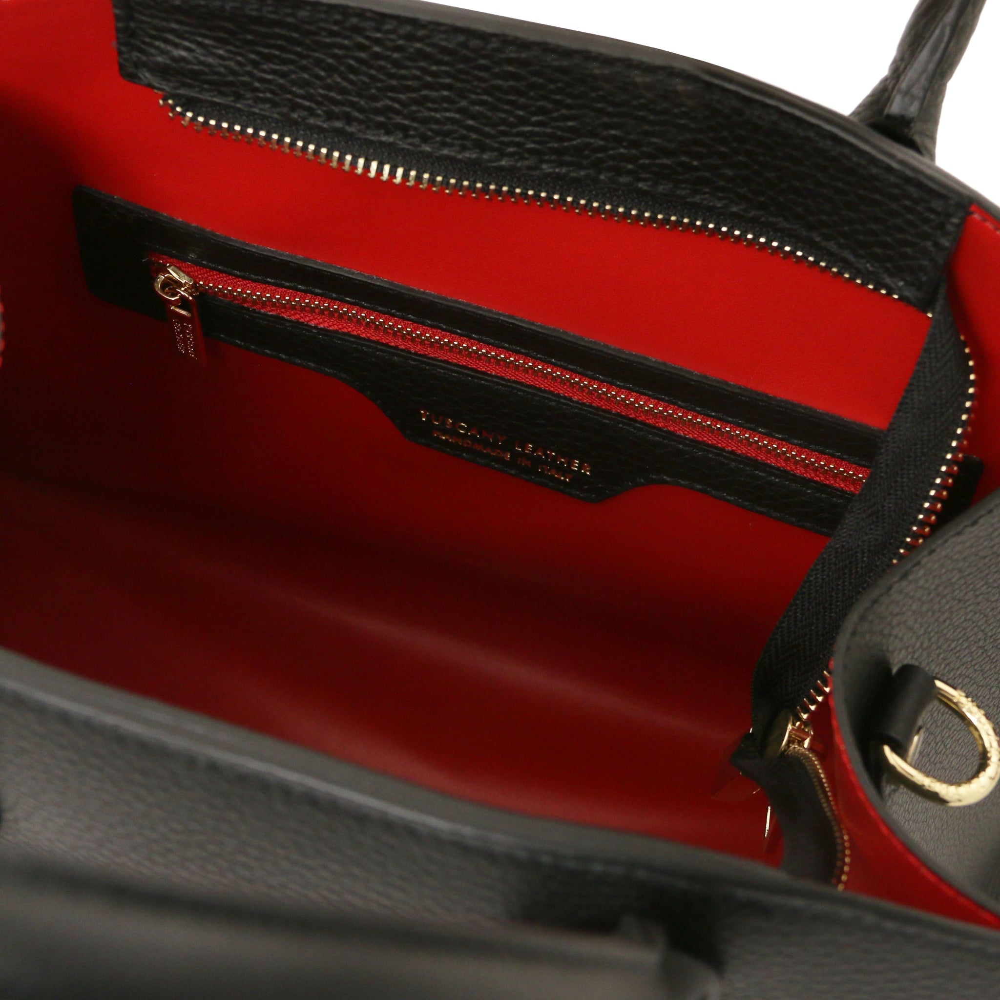 Interior Zip Pocket View Coccola Italian Pebbled Leather Handbag in Black