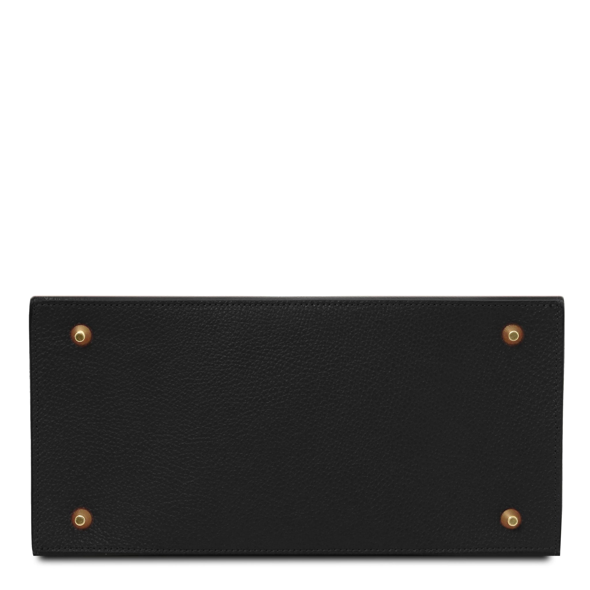 Bottom View Coccola Italian Pebbled Leather Handbag in Black showing protective golden feet