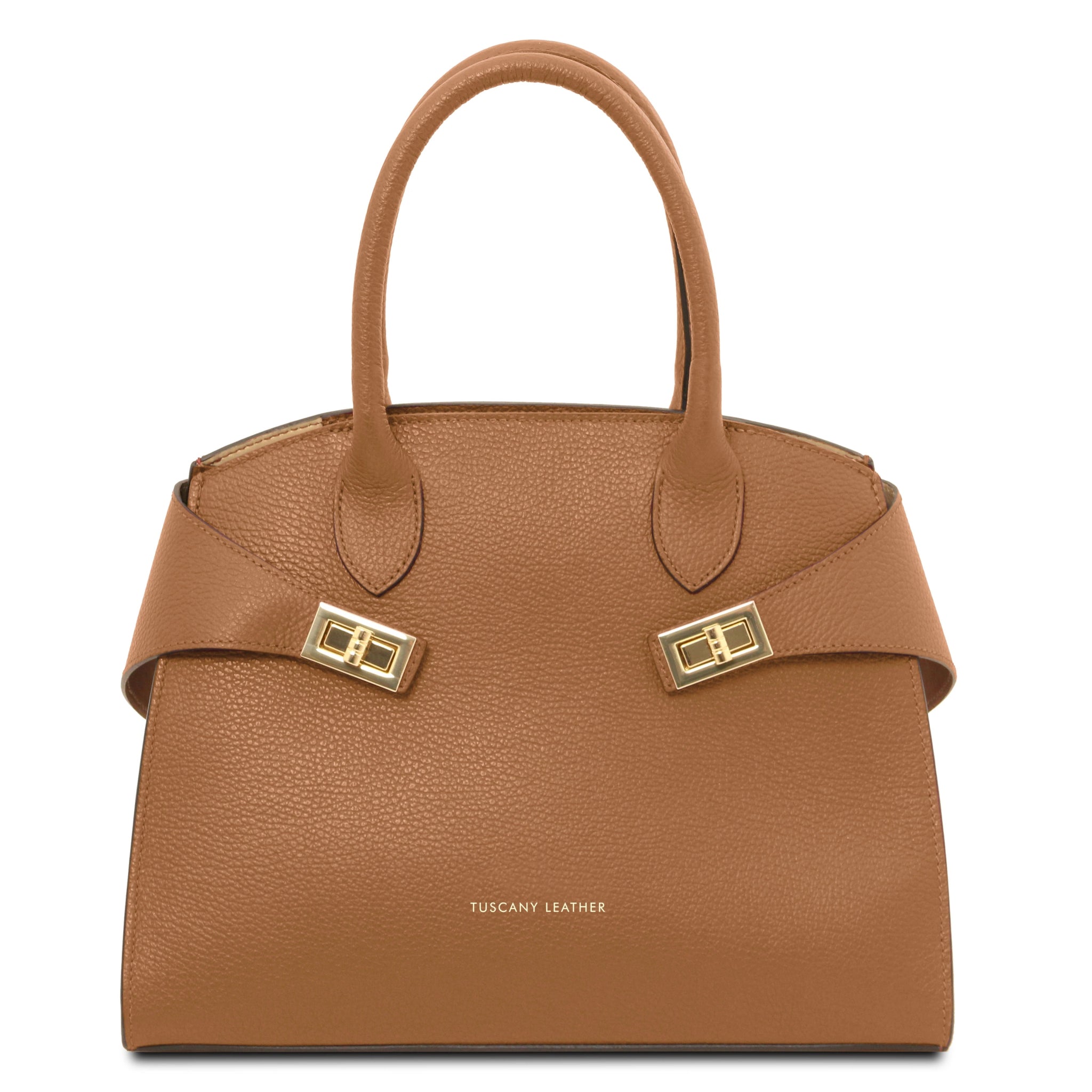 Front View Coccola Italian Pebbled Leather Handbag in Caramel with golden hardware accents