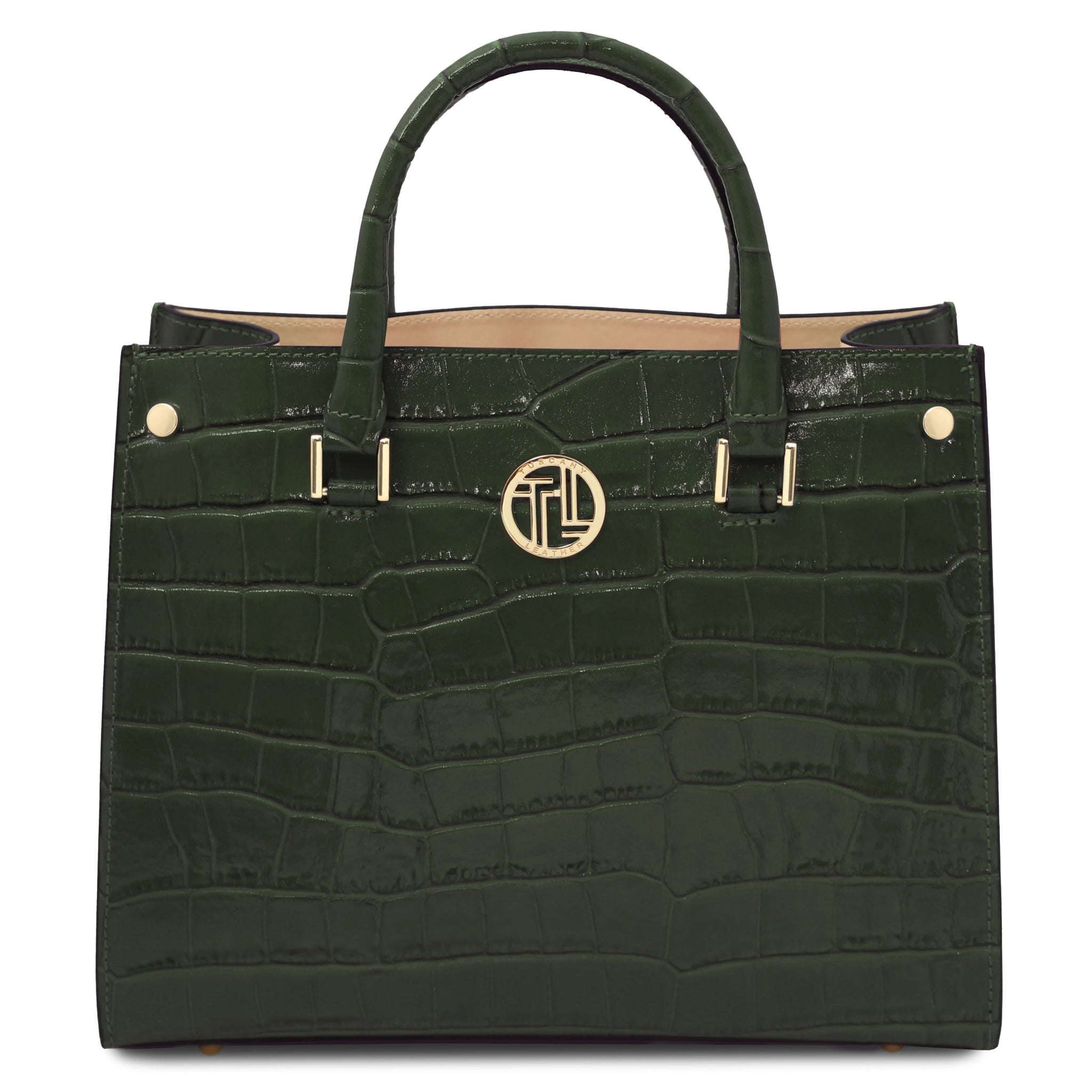 Front view Croque Croc Print Italian Leather Handbag in forest green