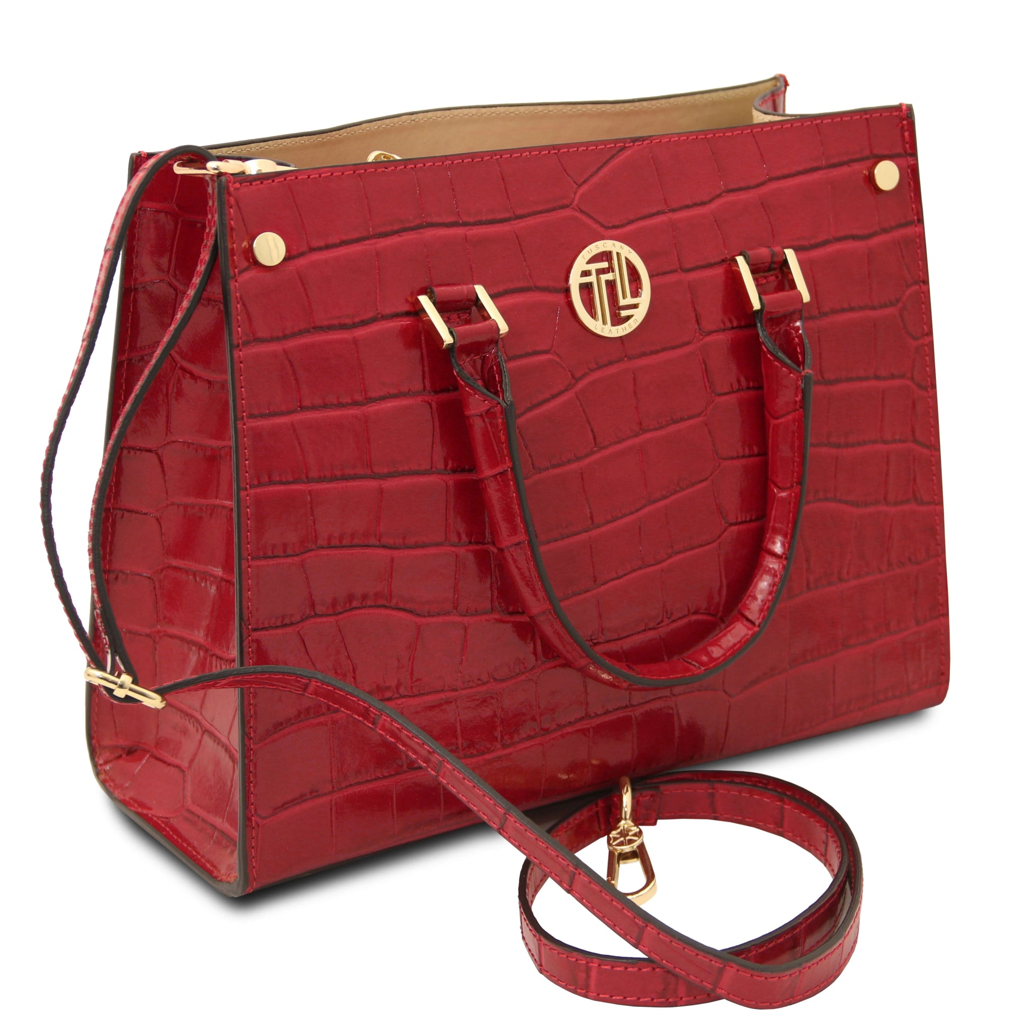 Front shoulder strap view Croque Croc Print Italian Leather Handbag in red