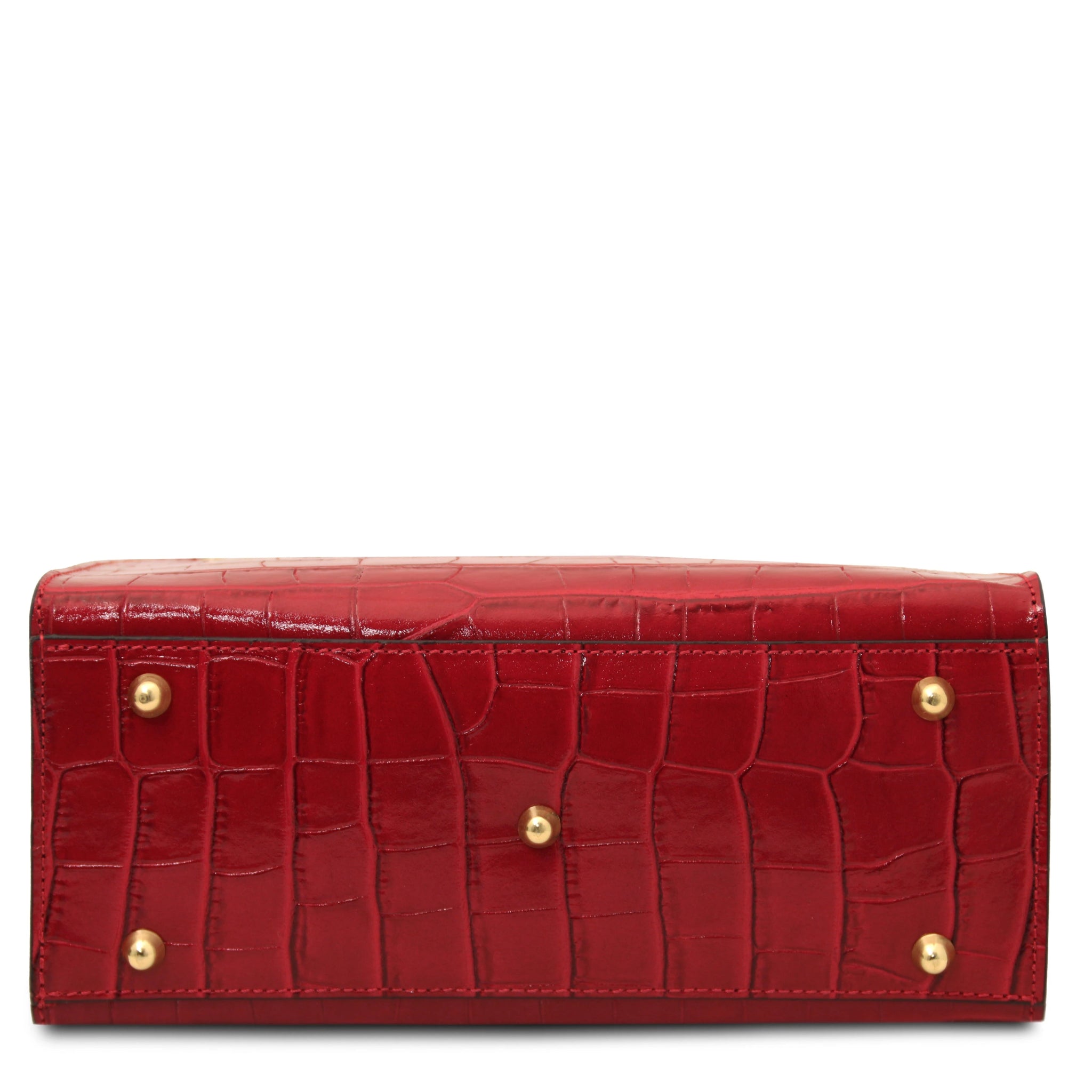 Bottom view Croque Croc Print Italian Leather Handbag in red with gold toned protective feet