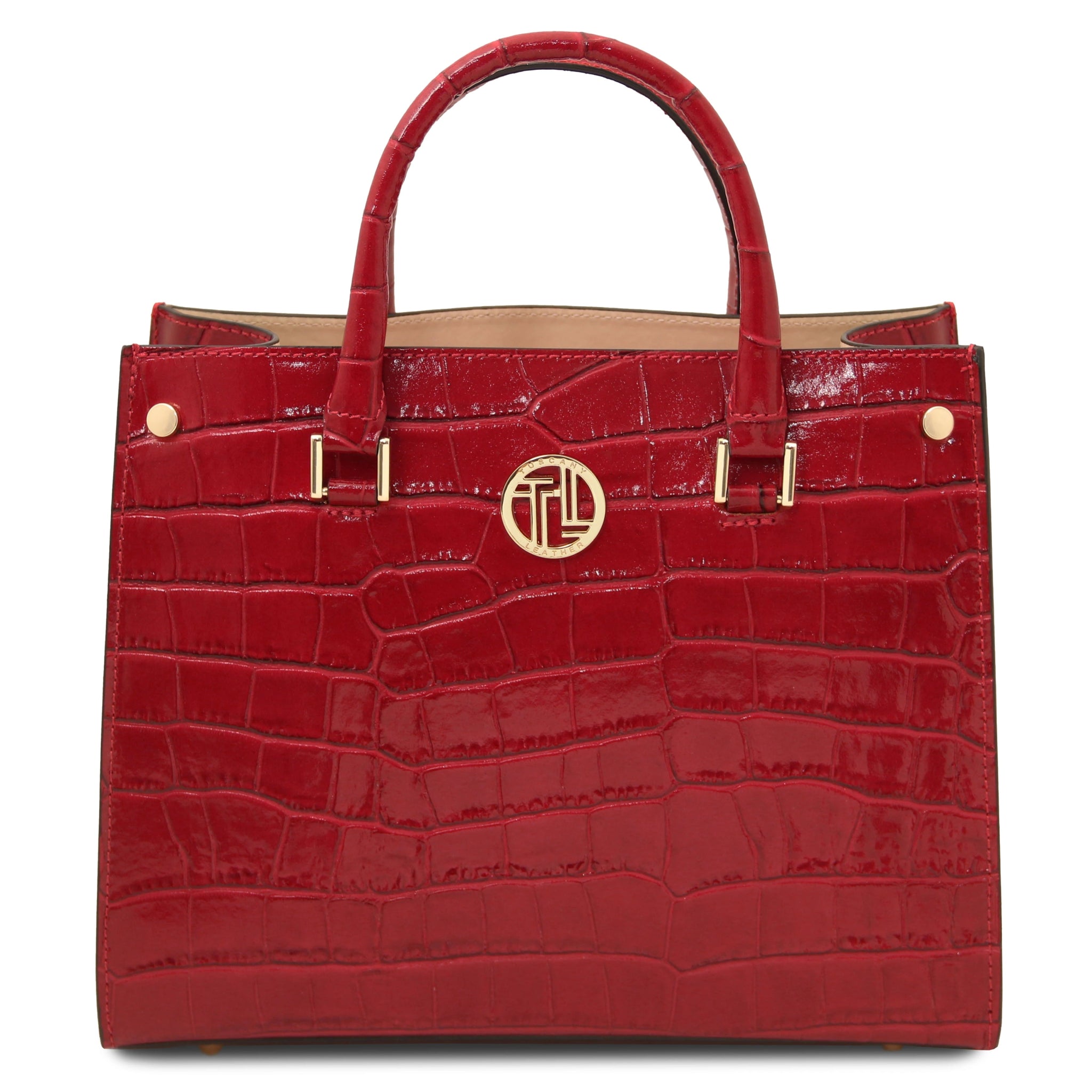 Front view Croque Croc Print Italian Leather Handbag in red