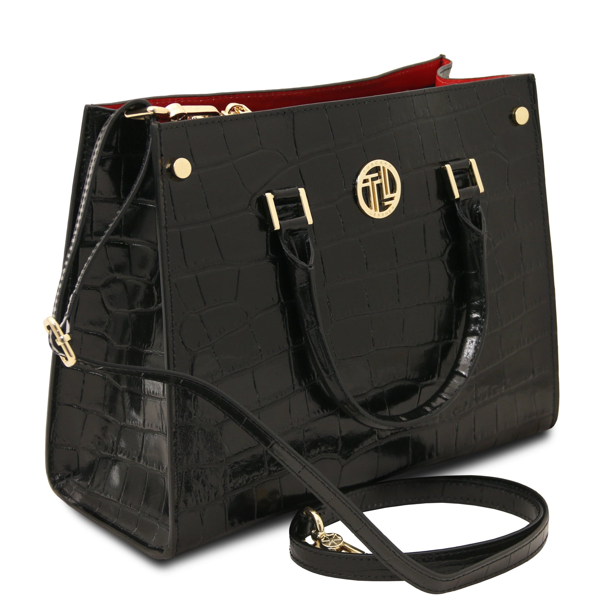 Front shoulder strap view Croque Croc Print Italian Leather Handbag in black