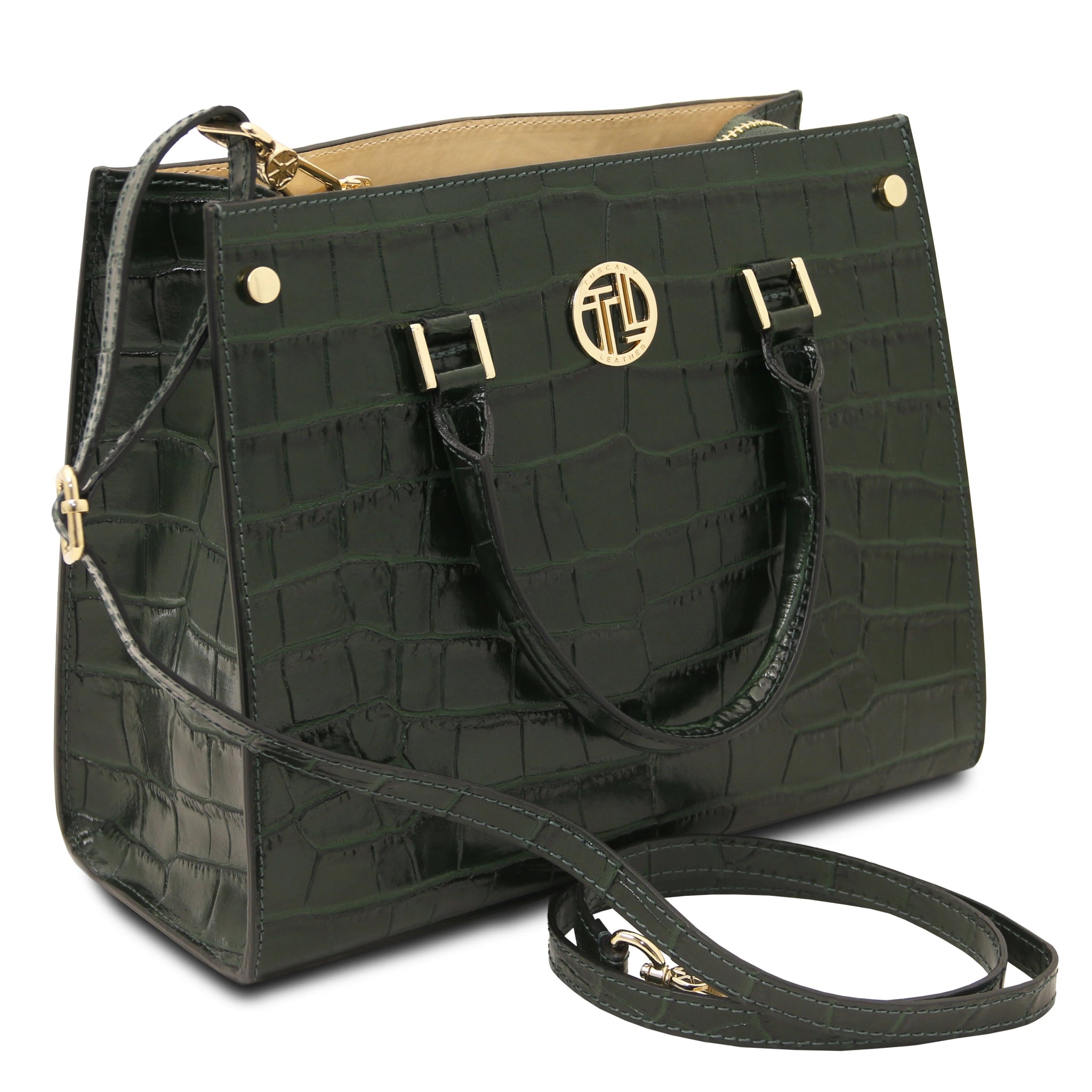 Front shoulder strap view Croque Croc Print Italian Leather Handbag forest green